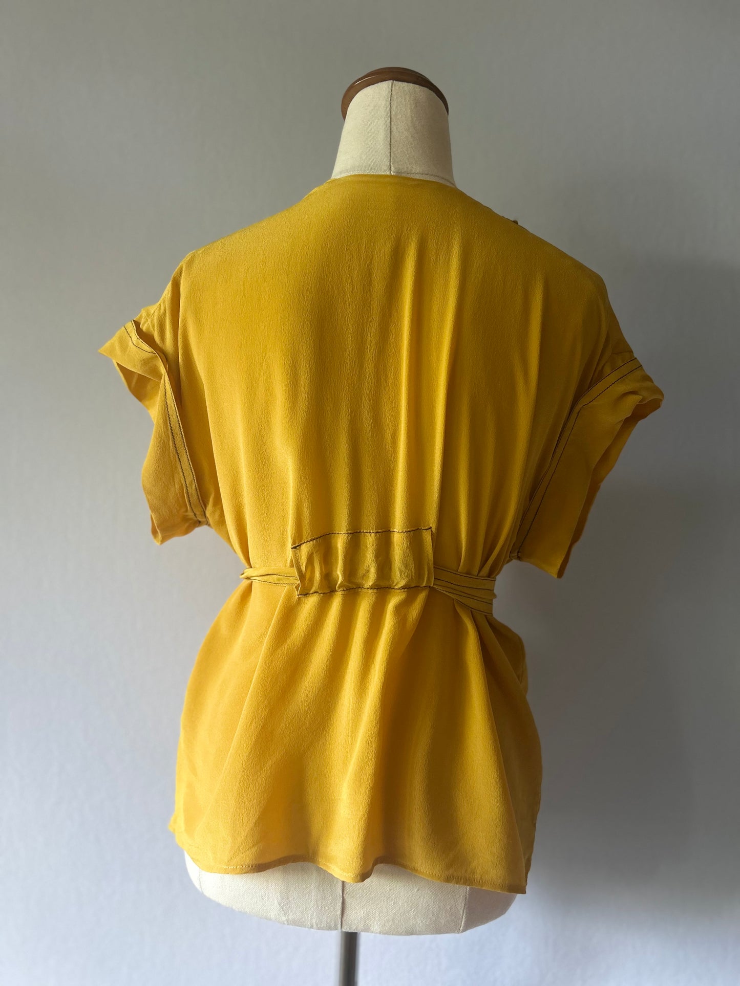 Mustard Yellow Silk Kimono-Style Belted Top - Size L