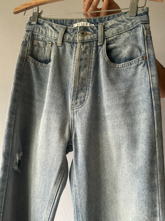 DISSH High-Waisted Distressed Straight Leg Jeans with Hem Slits - Size 8