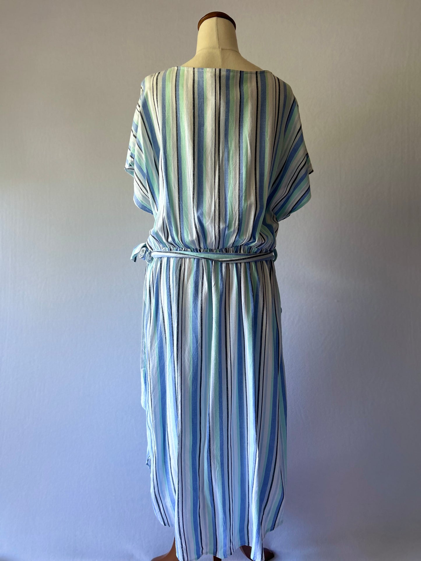 Size 16 | Linen Blend Striped Maxi Dress | Blue Green V-Neck Summer Dress