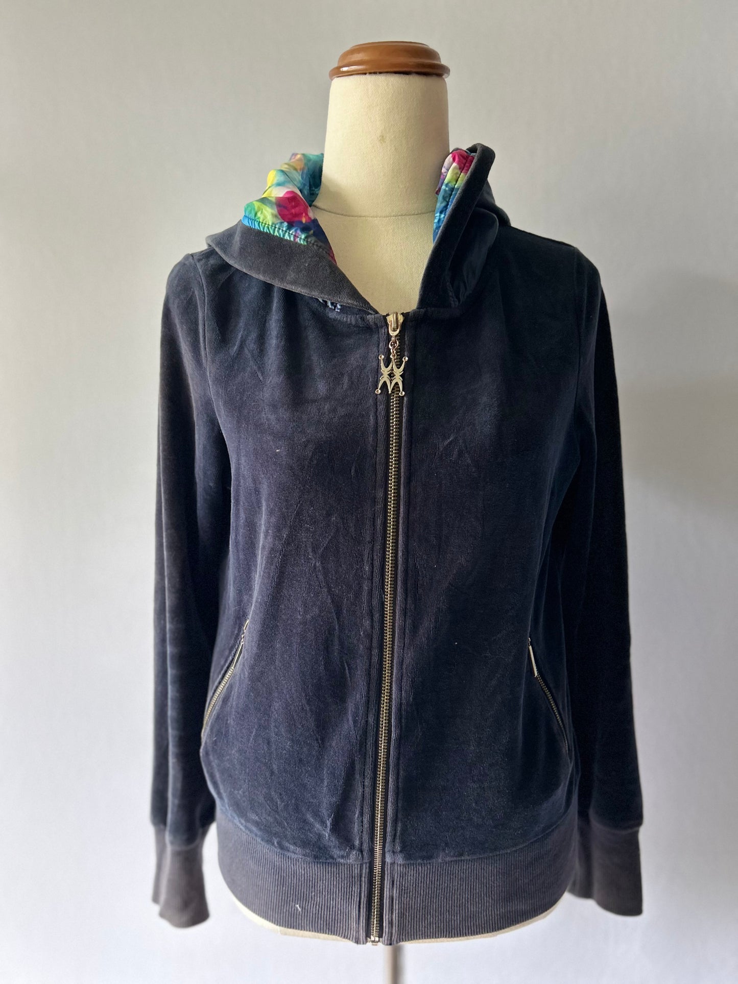Y2K Plush Velour Zip-Up Hoodie with Vibrant Floral Lined Hood - Charcoal Grey - Size 38