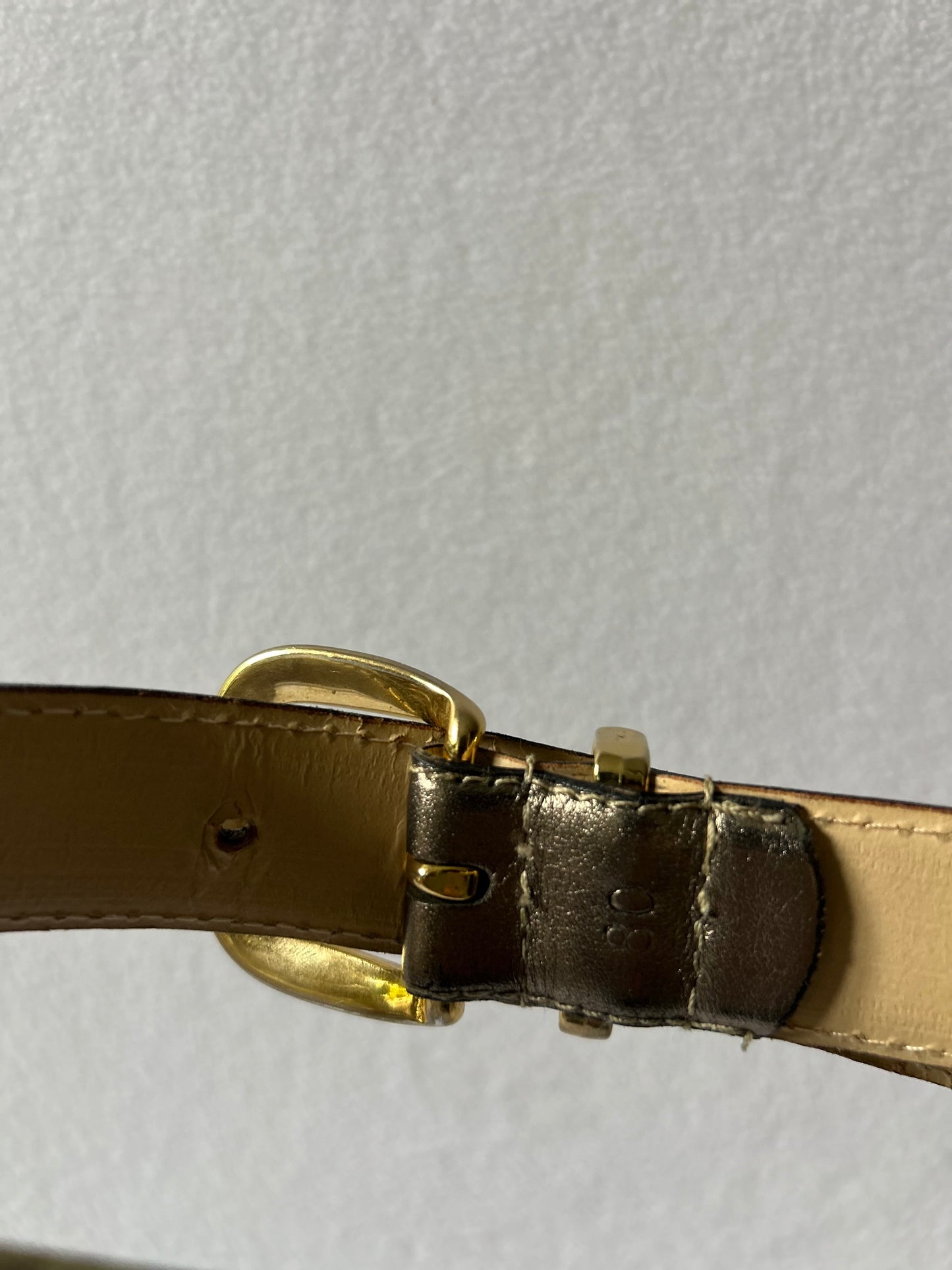 Metallic Bronze Skinny Belt with Gold Hardware - 80cm
