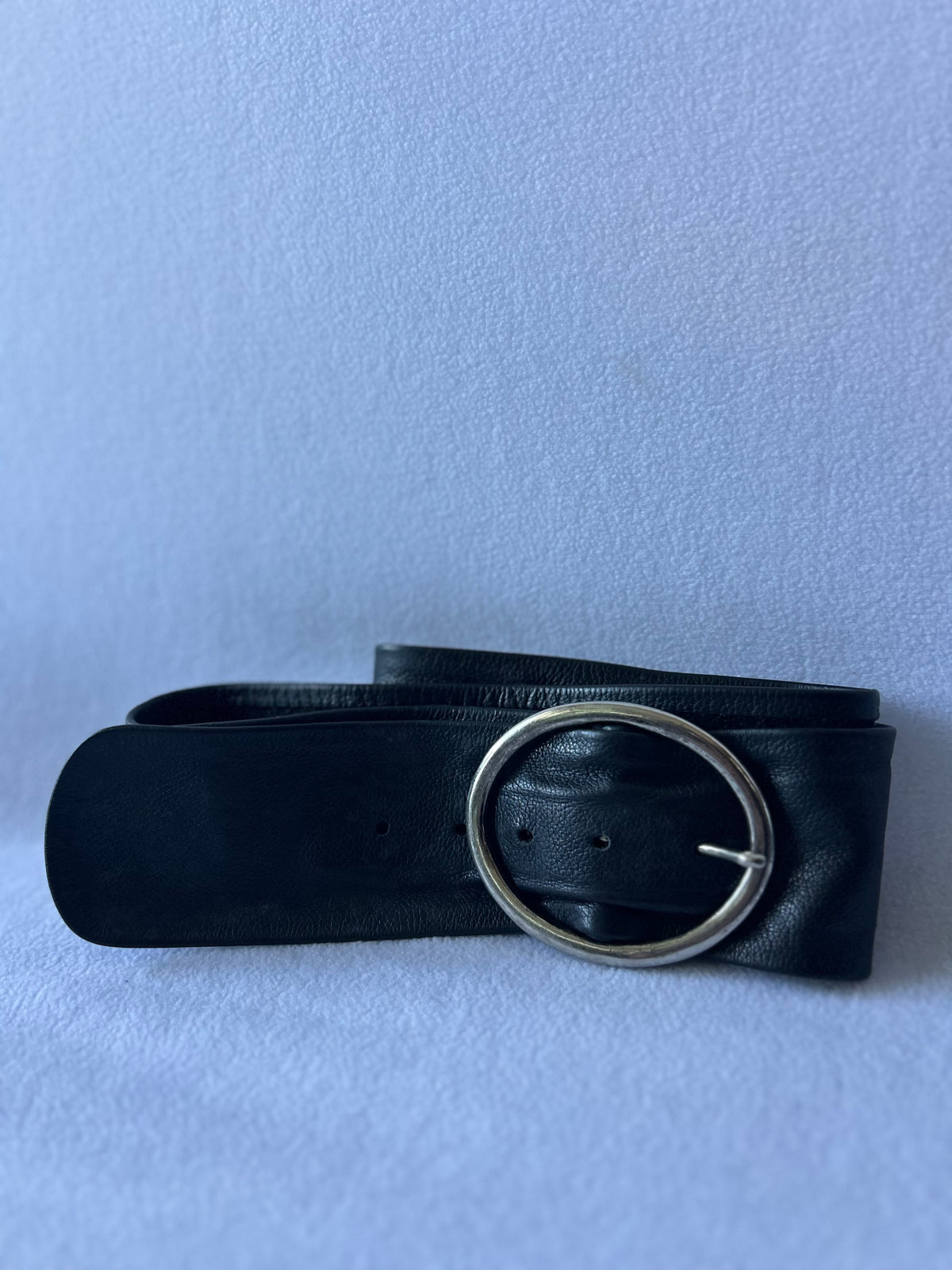 Black Genuine Leather Wide Waist Belt with Silver Oval Buckle - 98cm