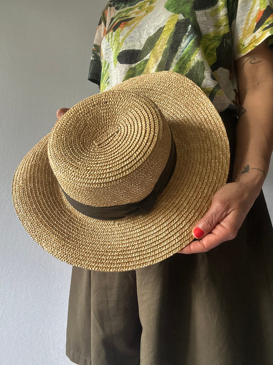 Classic Straw Boater Hat with Black Ribbon Band