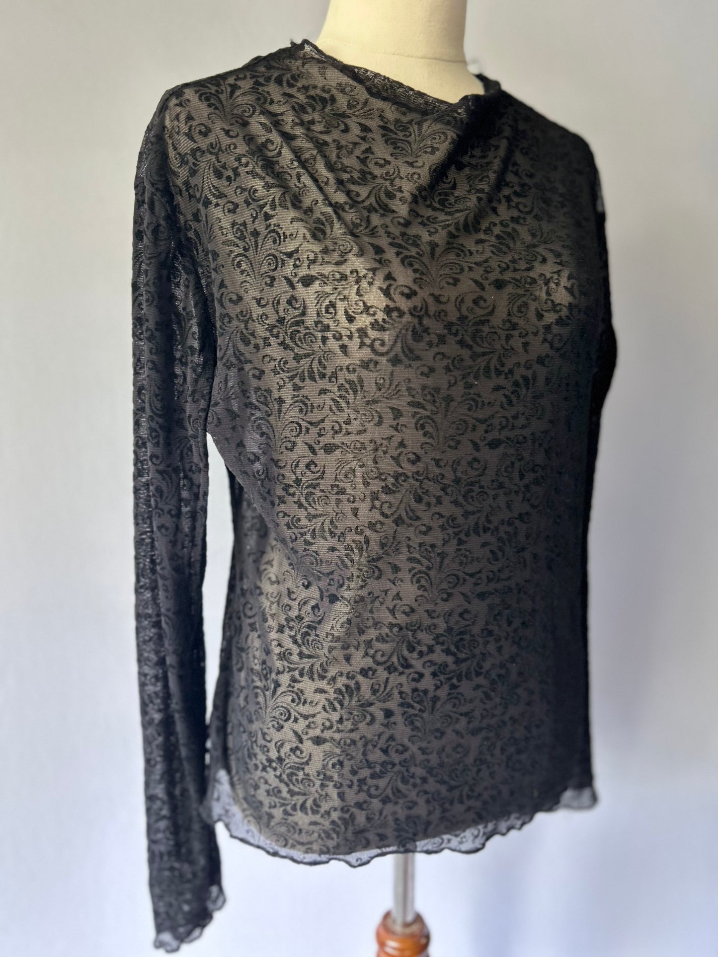 Black Floral Mesh Long Sleeve Top – Size L