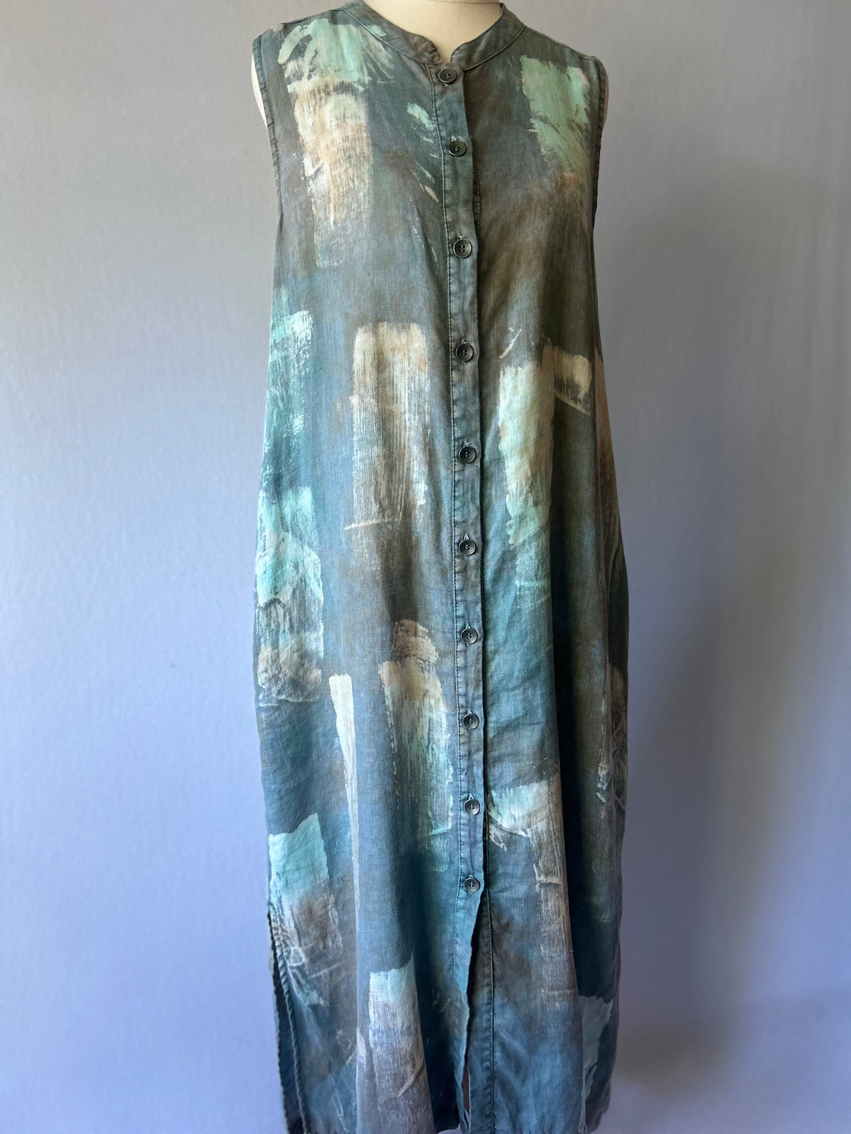 Abstract Brushstroke 100% Linen Sleeveless Shirt Dress - Size S (NZ 8)