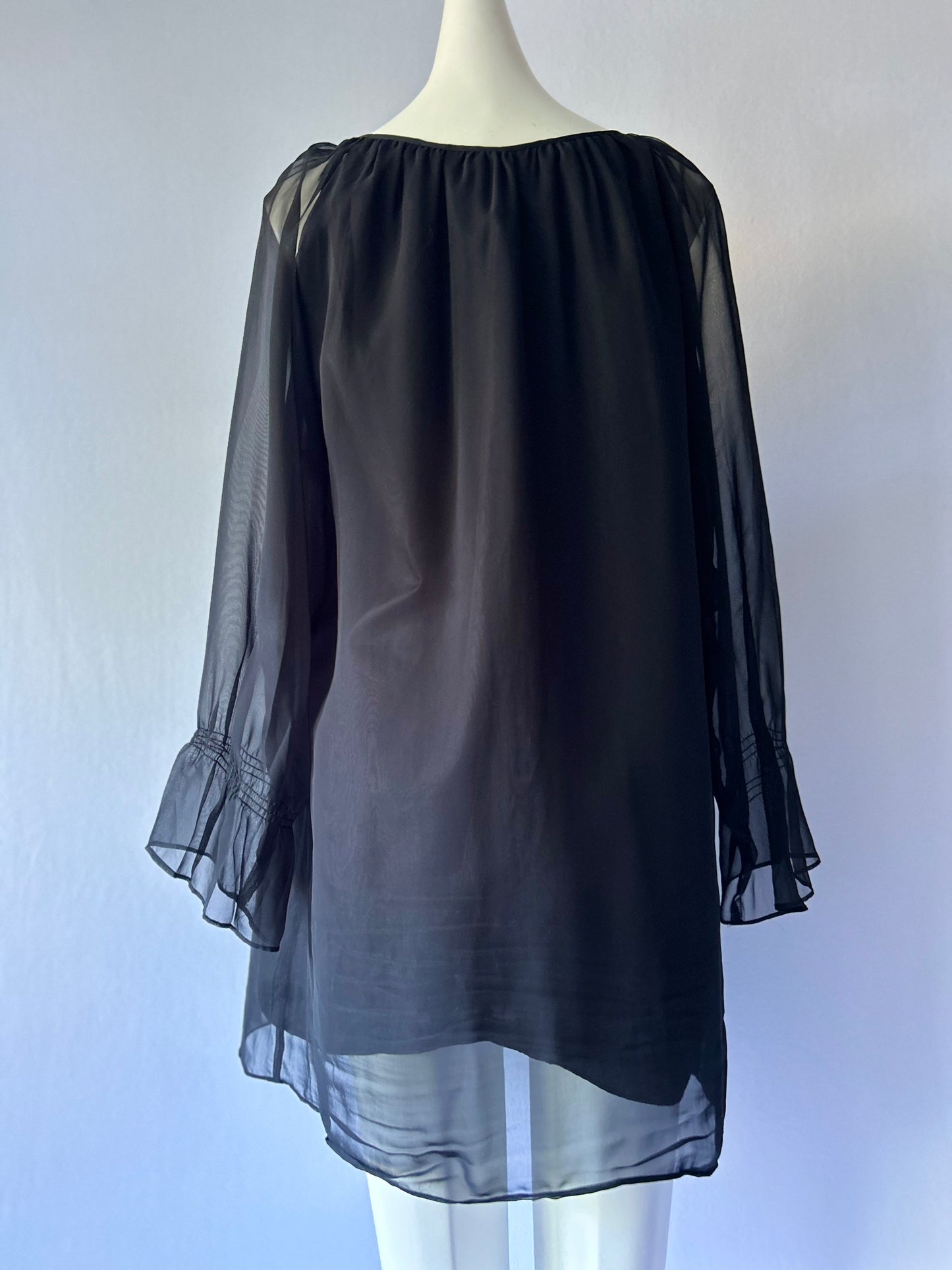 Romantic Black Chiffon-Style Layered Dress | Tie Neck | Size 12