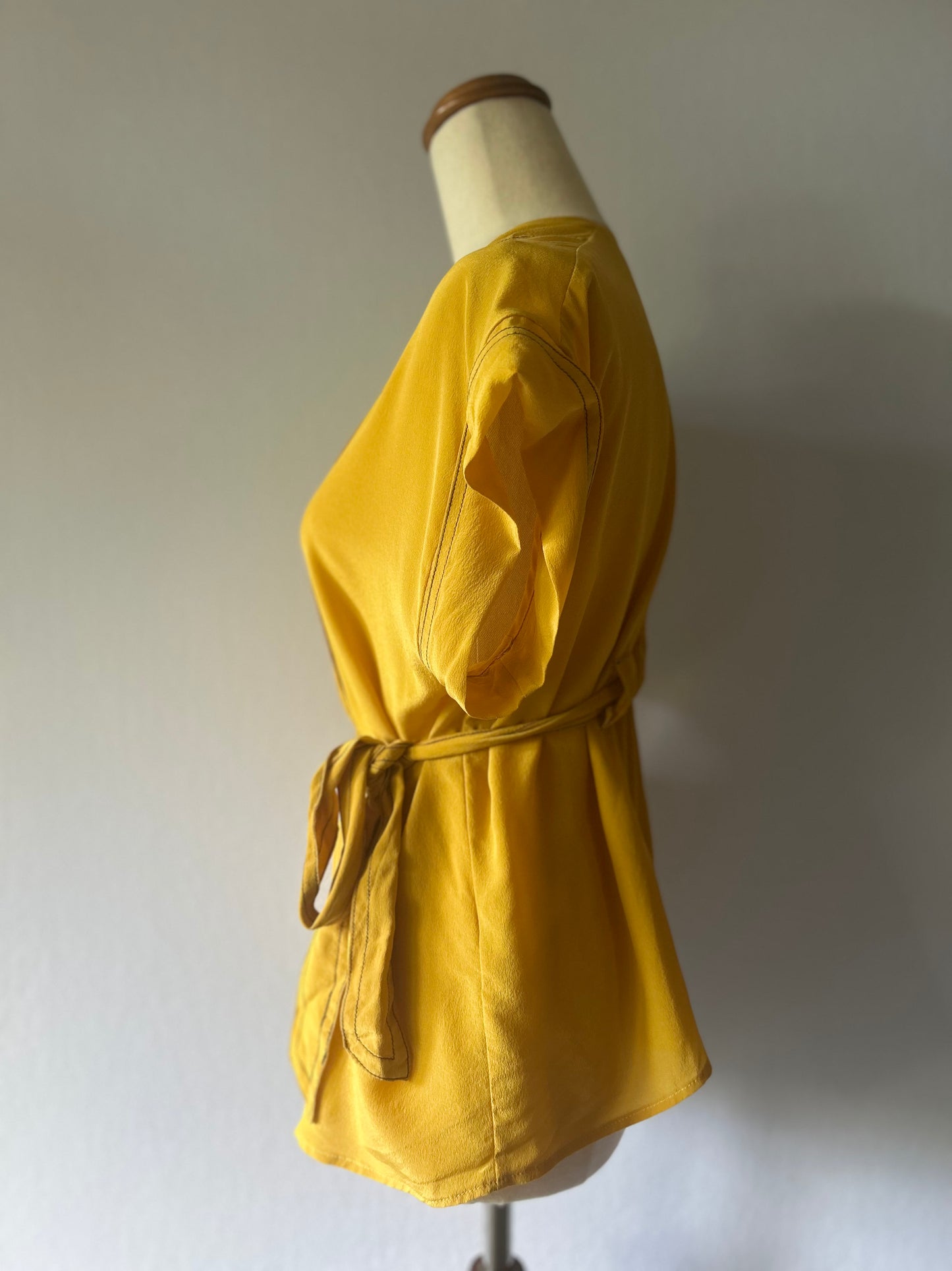 Mustard Yellow Silk Kimono-Style Belted Top - Size L