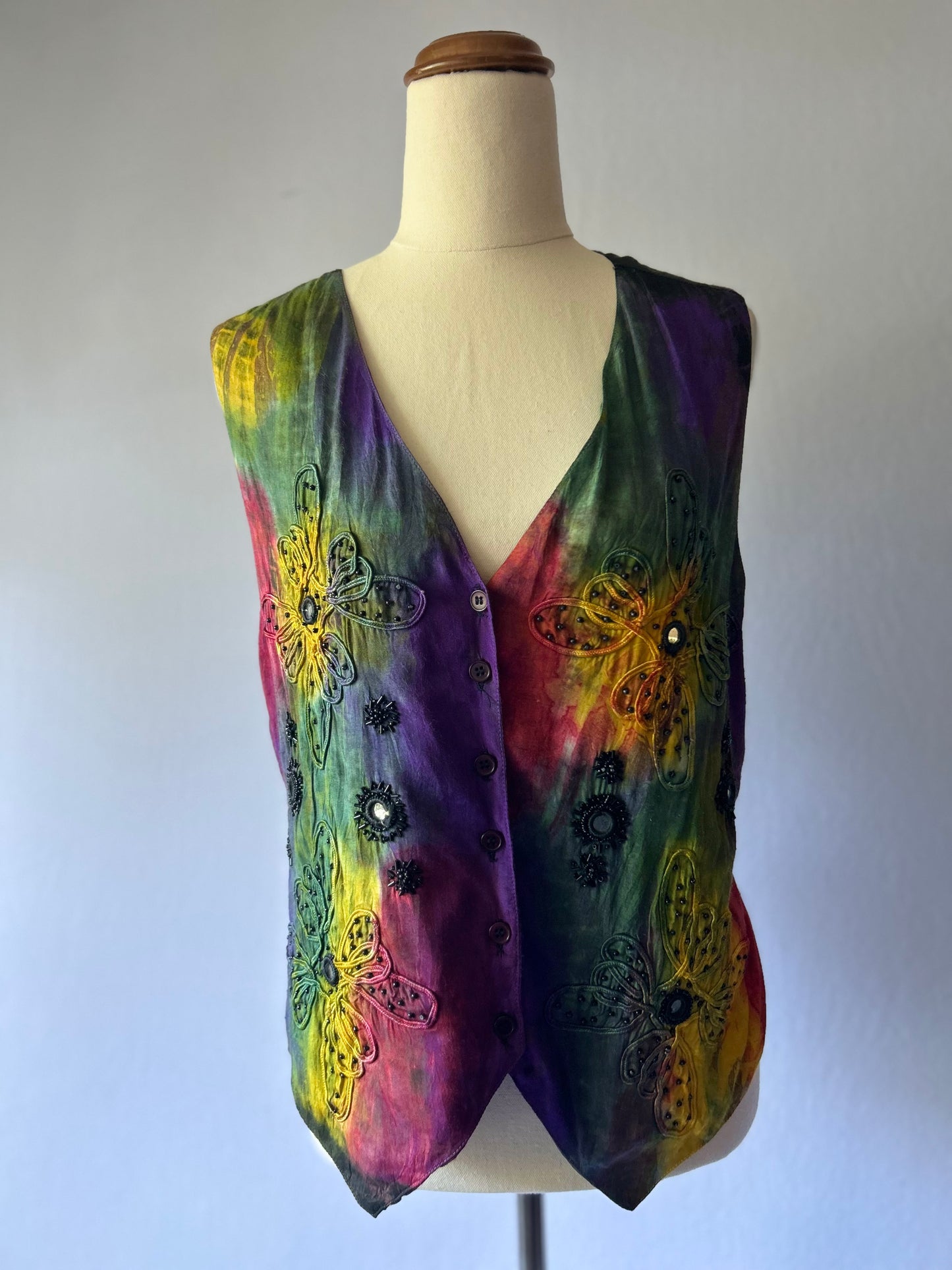Vintage Embroidered Tie-Dye Beaded Vest – Size L, Viscose