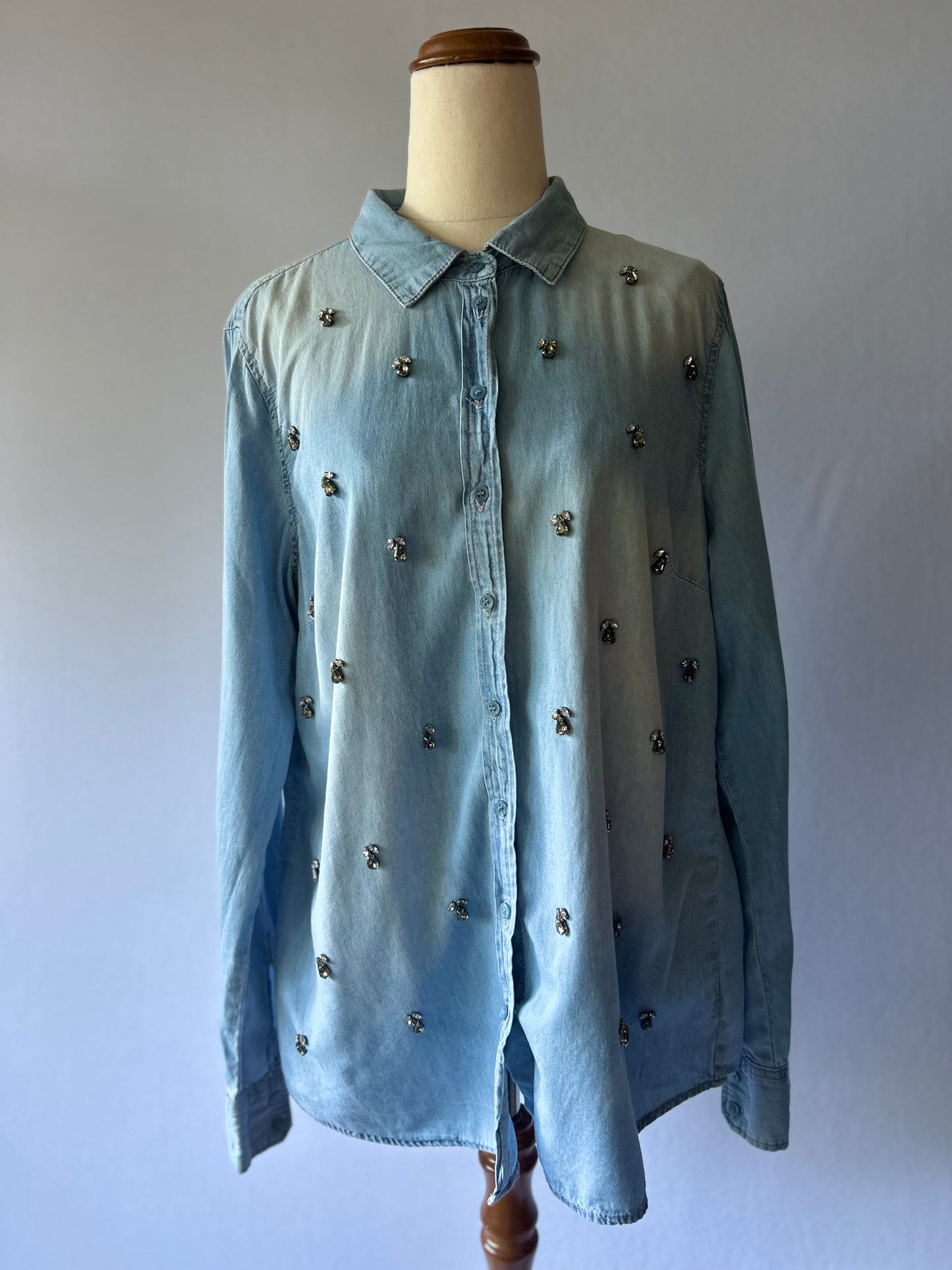 Embellished Ombré Denim Shirt - Light Wash Cotton - Size 12