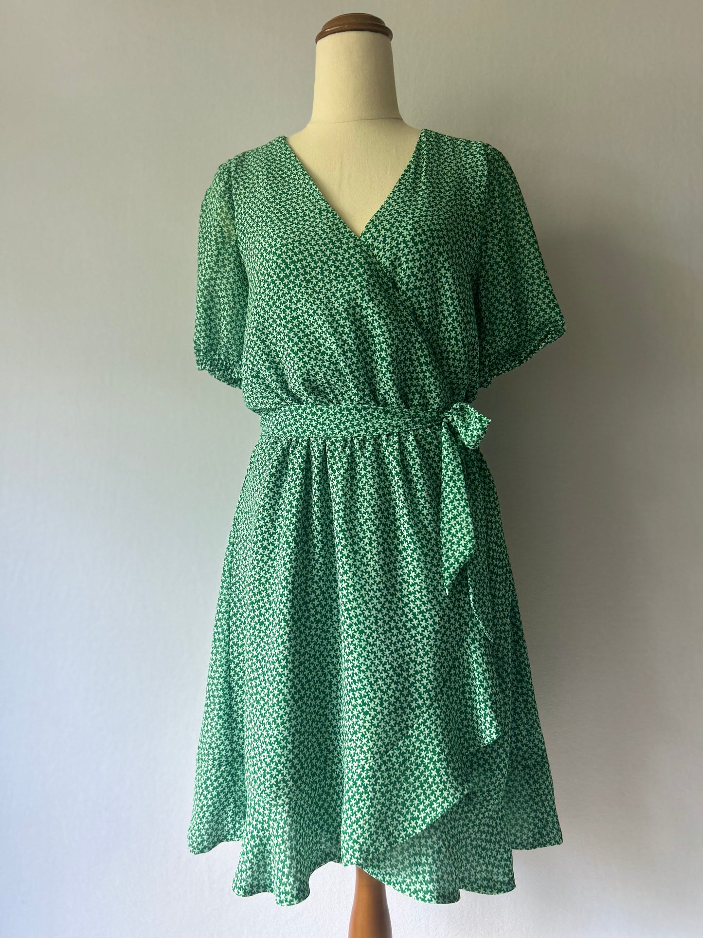 Kookai Green & White Star Print Wrap Mini Dress - Size 38 (NZ 10)