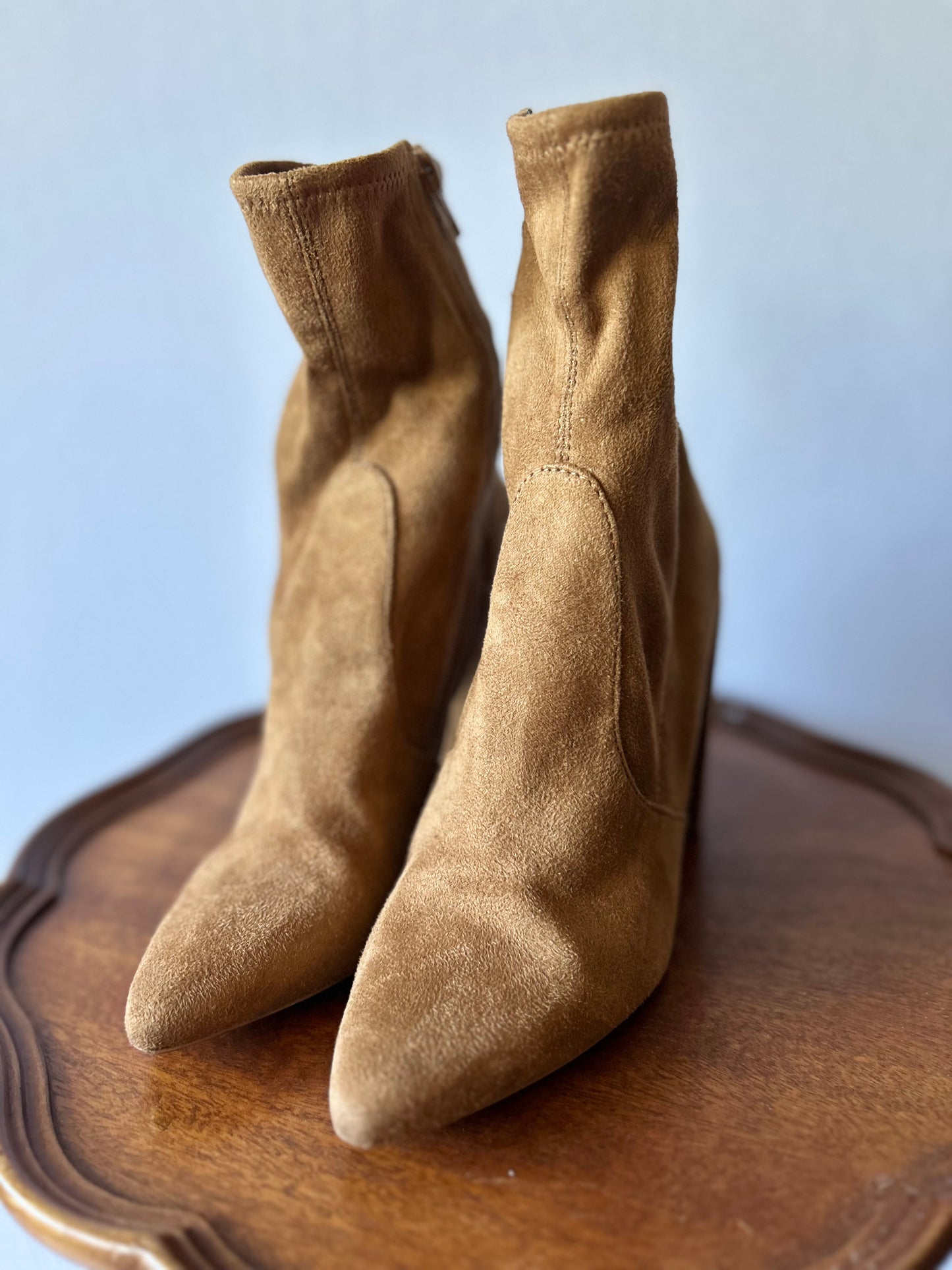 Tan Faux Suede Pointed-Toe Sock Boots - Size US 6