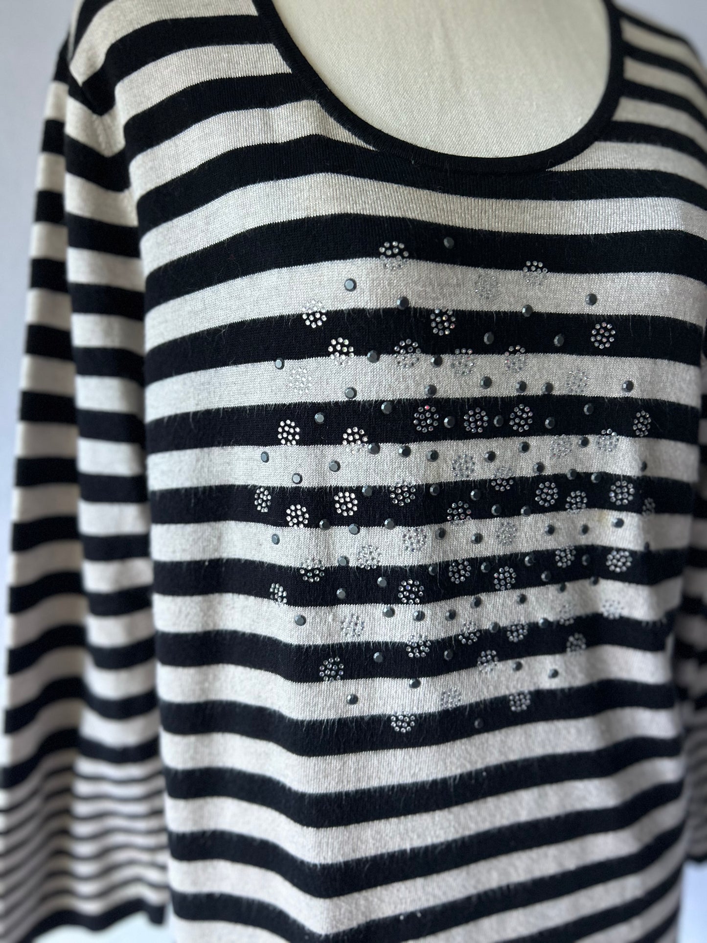 Black & White Striped Viscose Sweater with Rhinestone Detail – Size 38