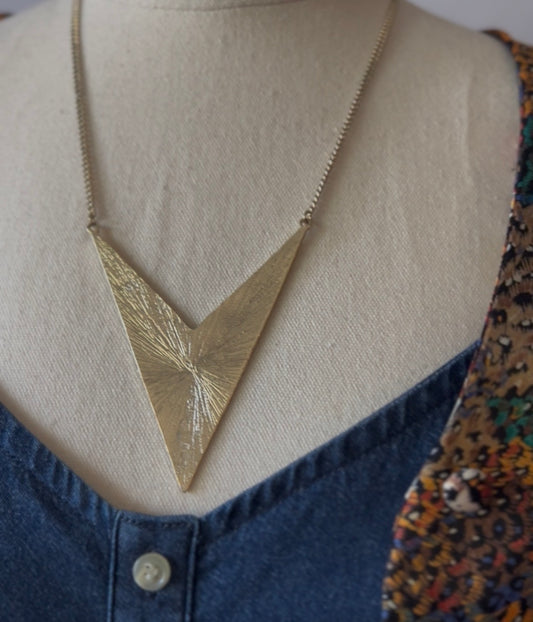 Textured Gold-Tone Geometric Chevron V-Pendant Necklace