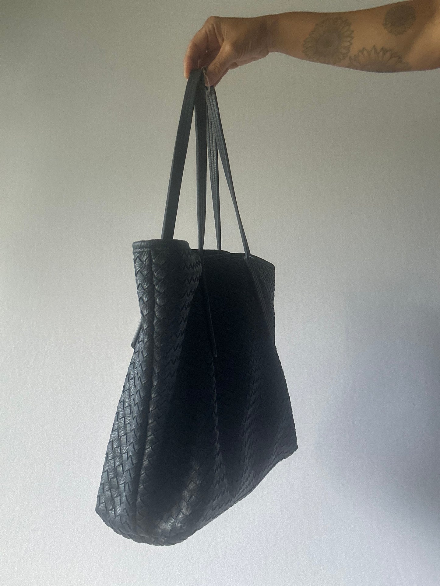 Navy Woven Faux Leather Large Tote Bag - Size Large