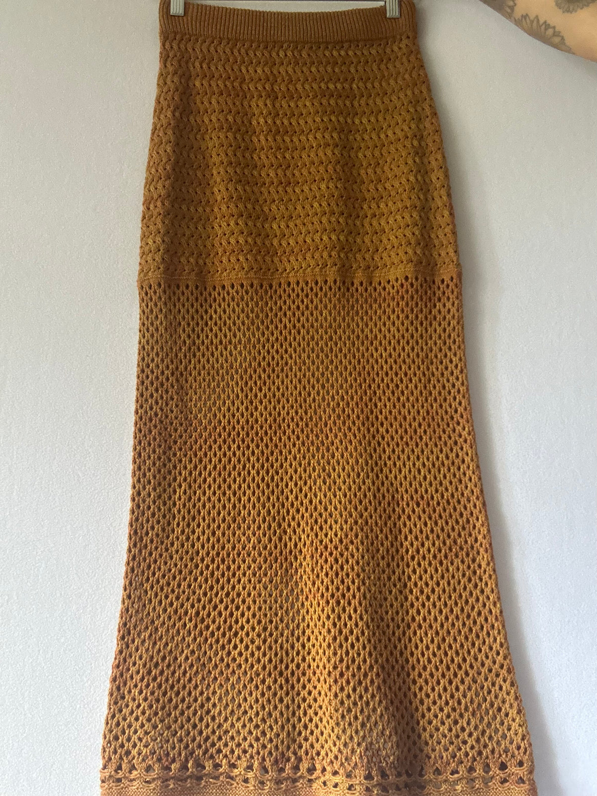 Mustard Caramel Crochet Open-Knit Cotton Maxi Skirt - Size S