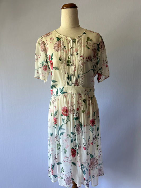 Romantic Silk Floral Tea Dress (Size Small)