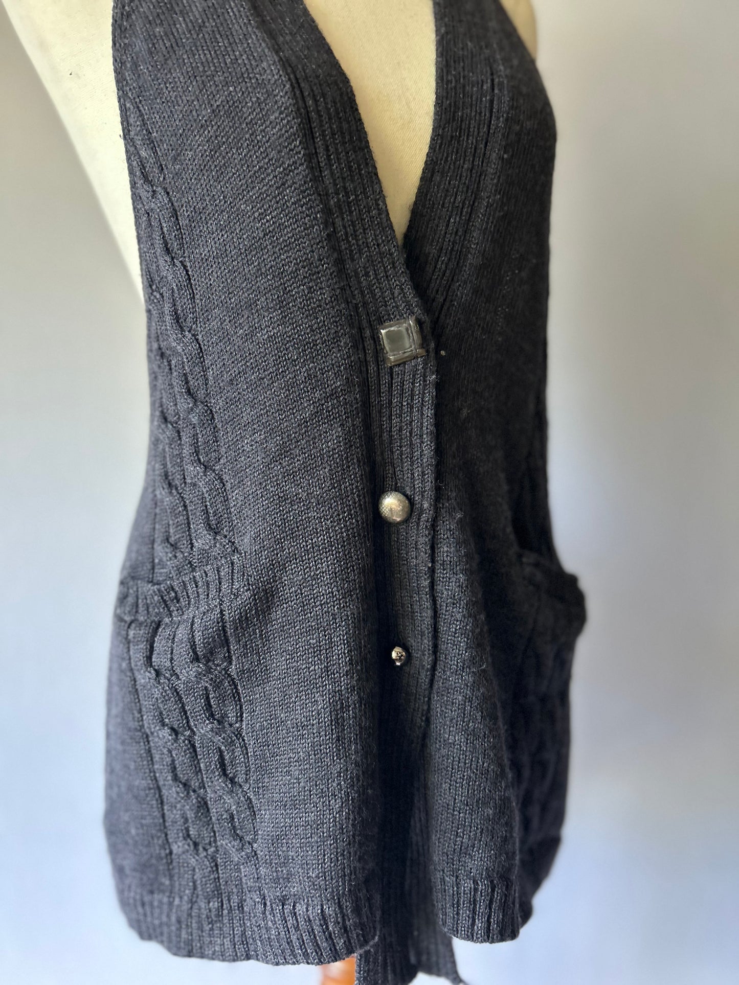 Verge 100% Merino Wool Cable-Knit Longline Vest - Charcoal Grey - Size XL