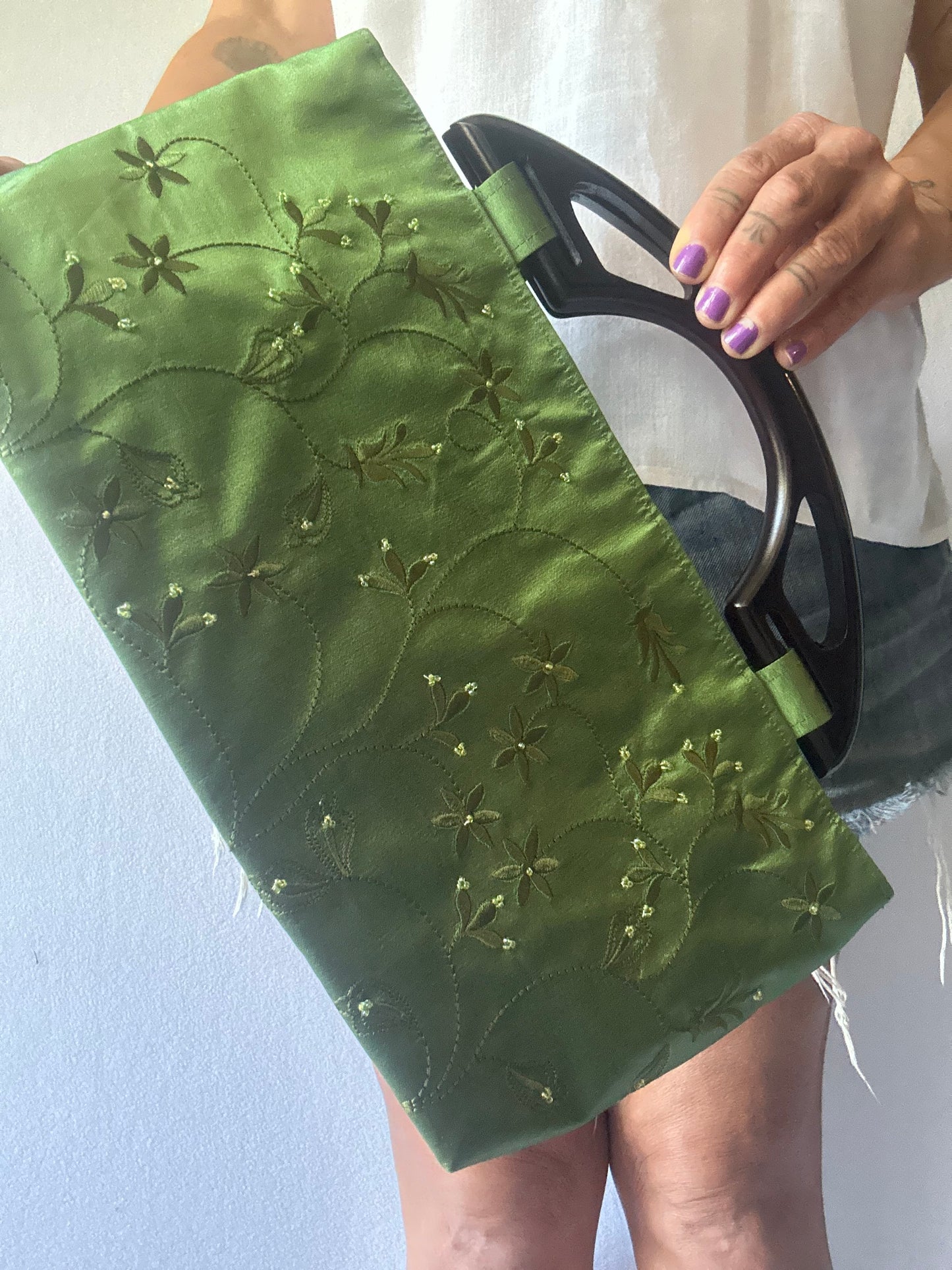 Green Silk Handbag with Embroidery and Acrylic Handle