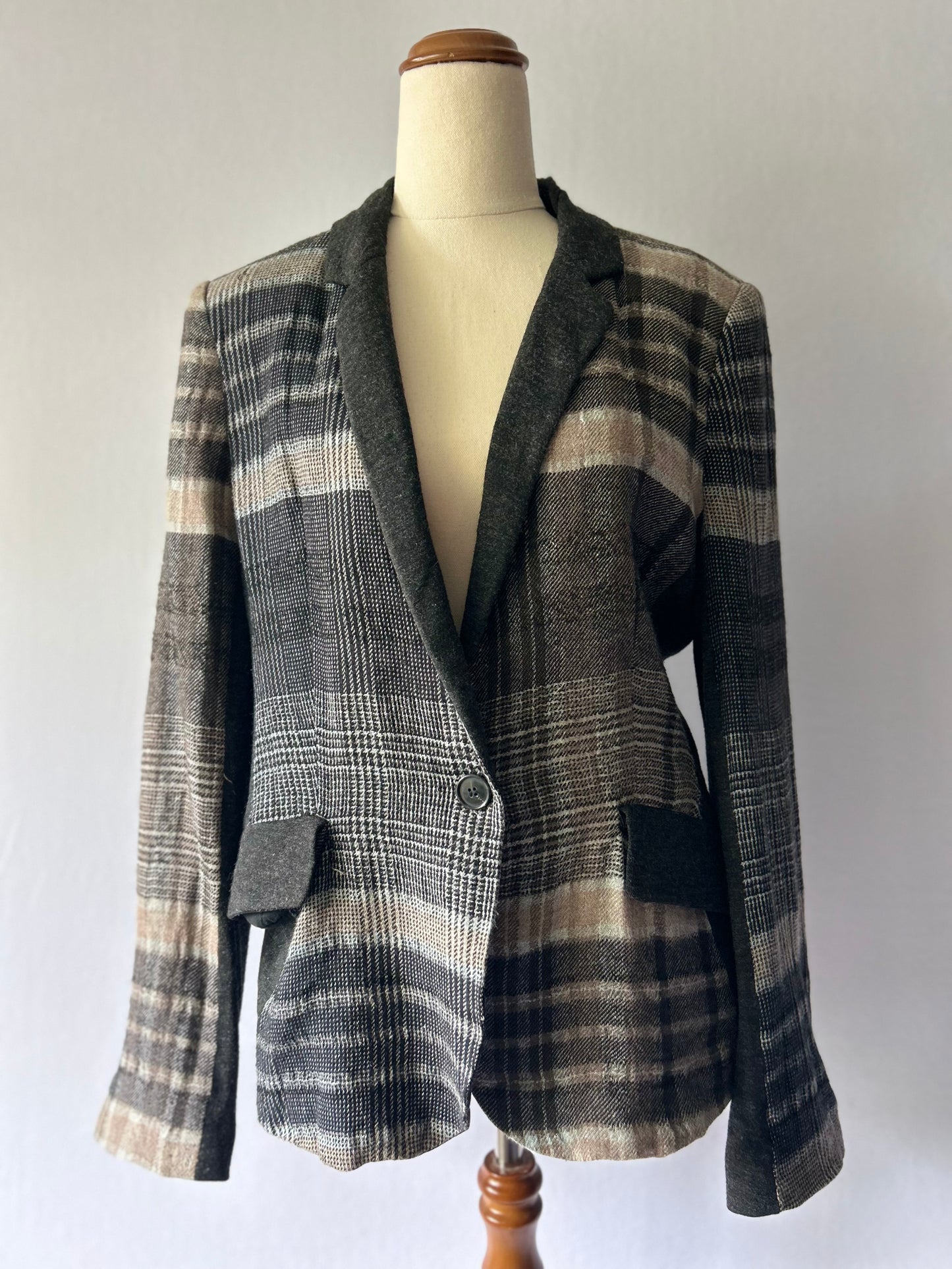 Zara Mixed-Fabric Plaid Tailored Blazer - Size XL