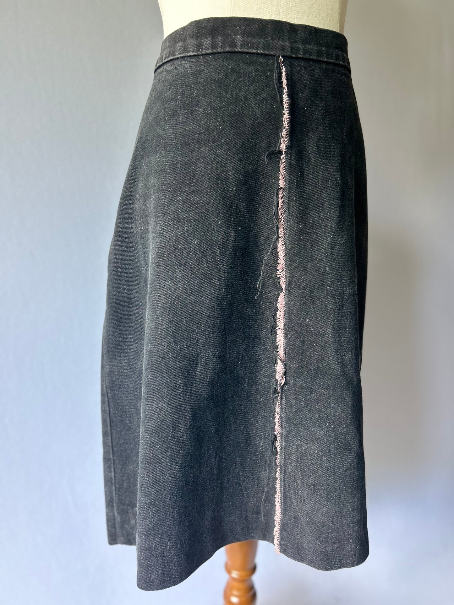 Ricochet Black Denim A-Line Skirt - Size 12 | 100% Cotton with Raw Edge Detail
