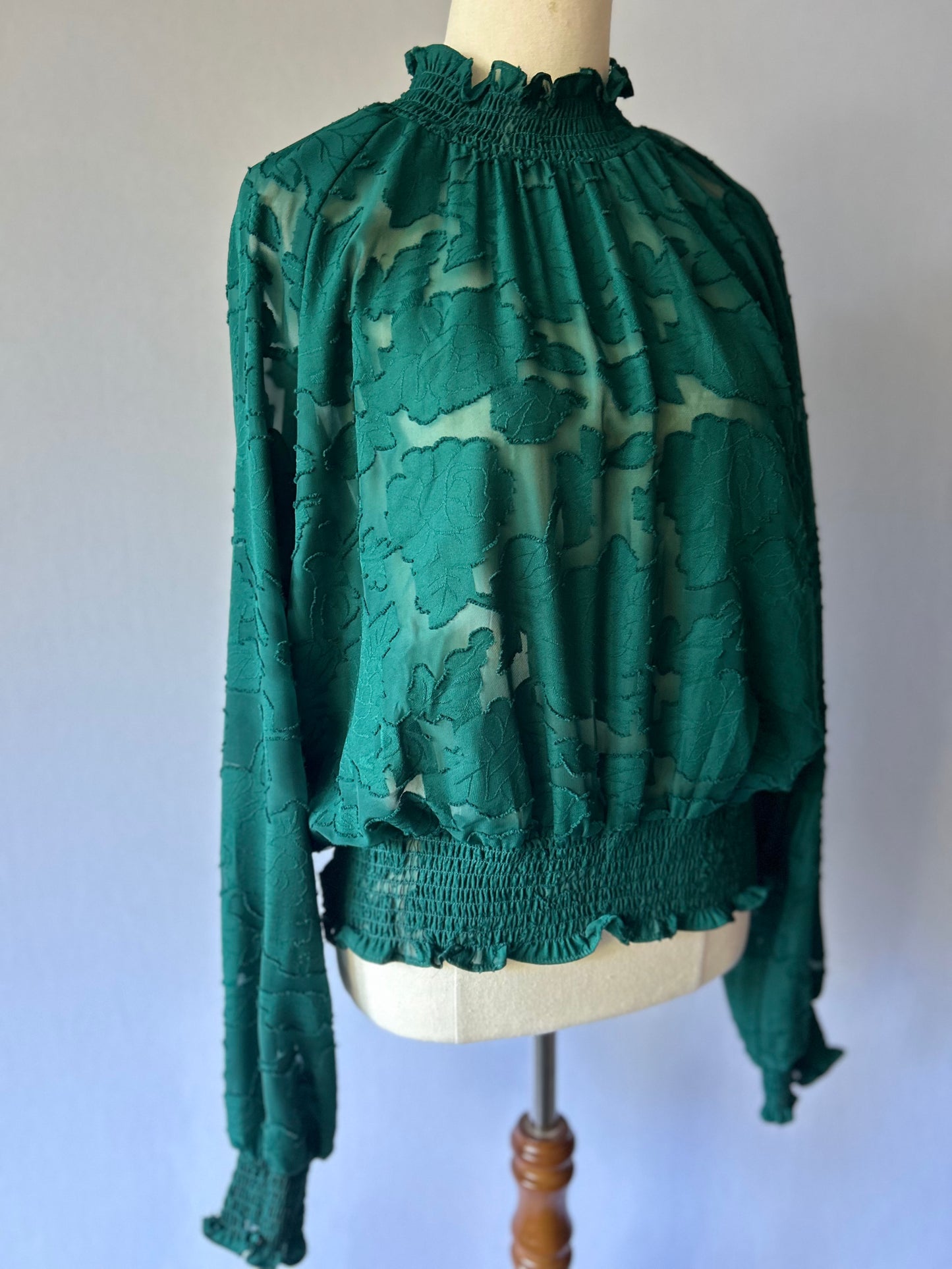 Sheer Floral Jacquard Mock-Neck Blouse - Emerald Green - Size 16