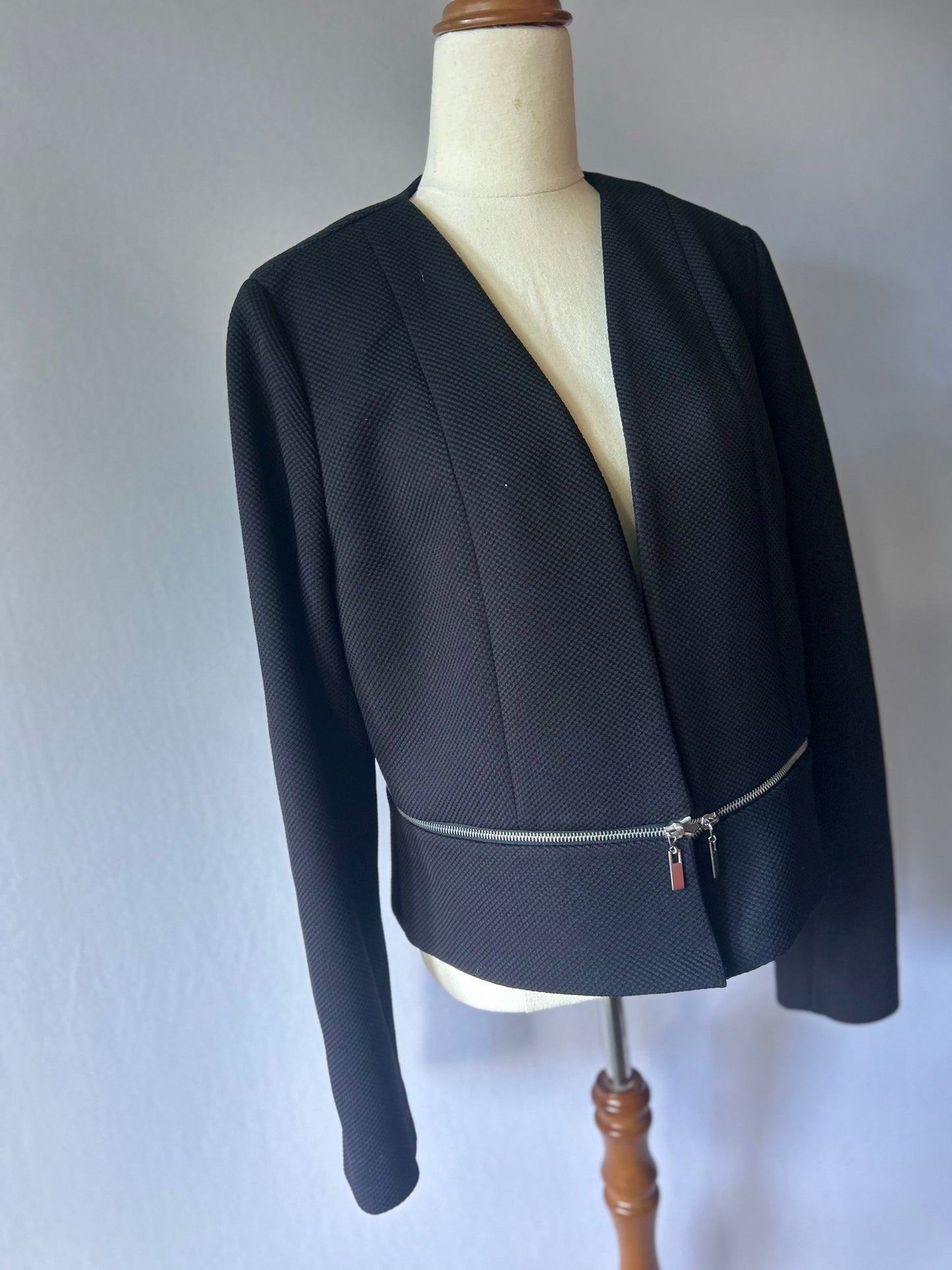 Whistles Collarless Open-Front Textured Jacket with Zipper Details - Black - Size 16