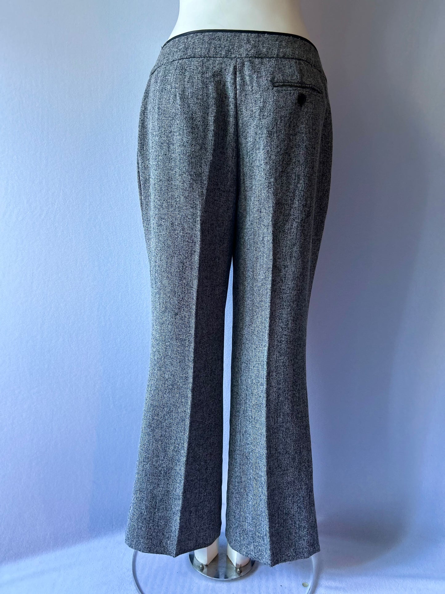 Monochrome Tweed-Look Tailored Trousers with Faux-Leather Trim - Size 12