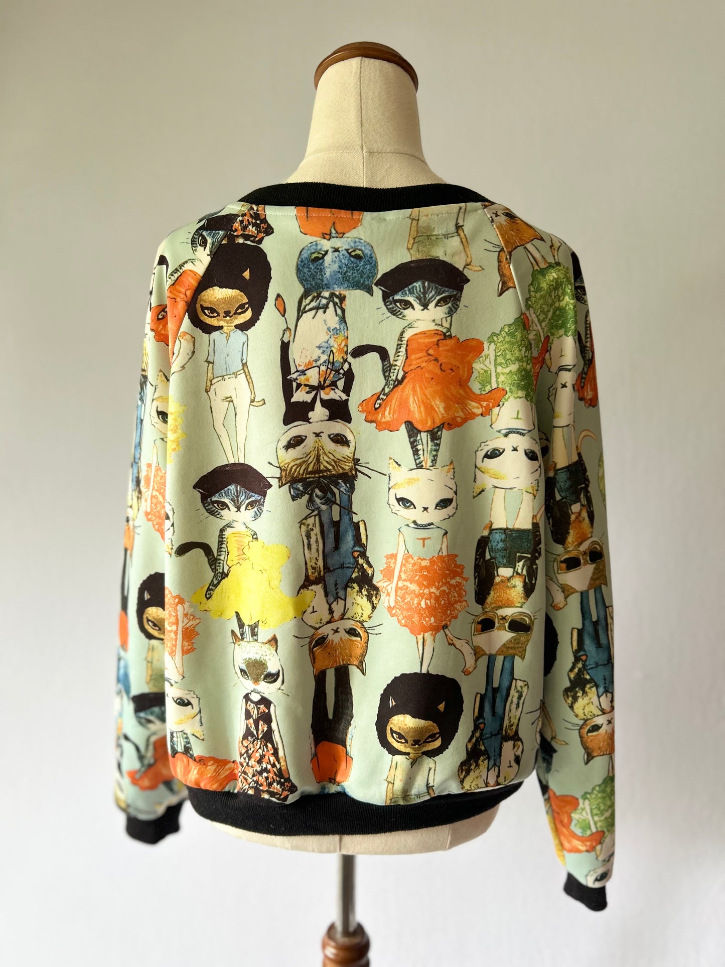 Whimsical Cat Print Bomber Jacket - Size L