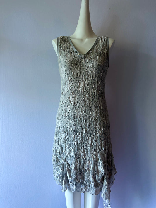 Vintage Asymmetrical Floral Lace Drop-Waist Dress (Made in NZ) - Size 14