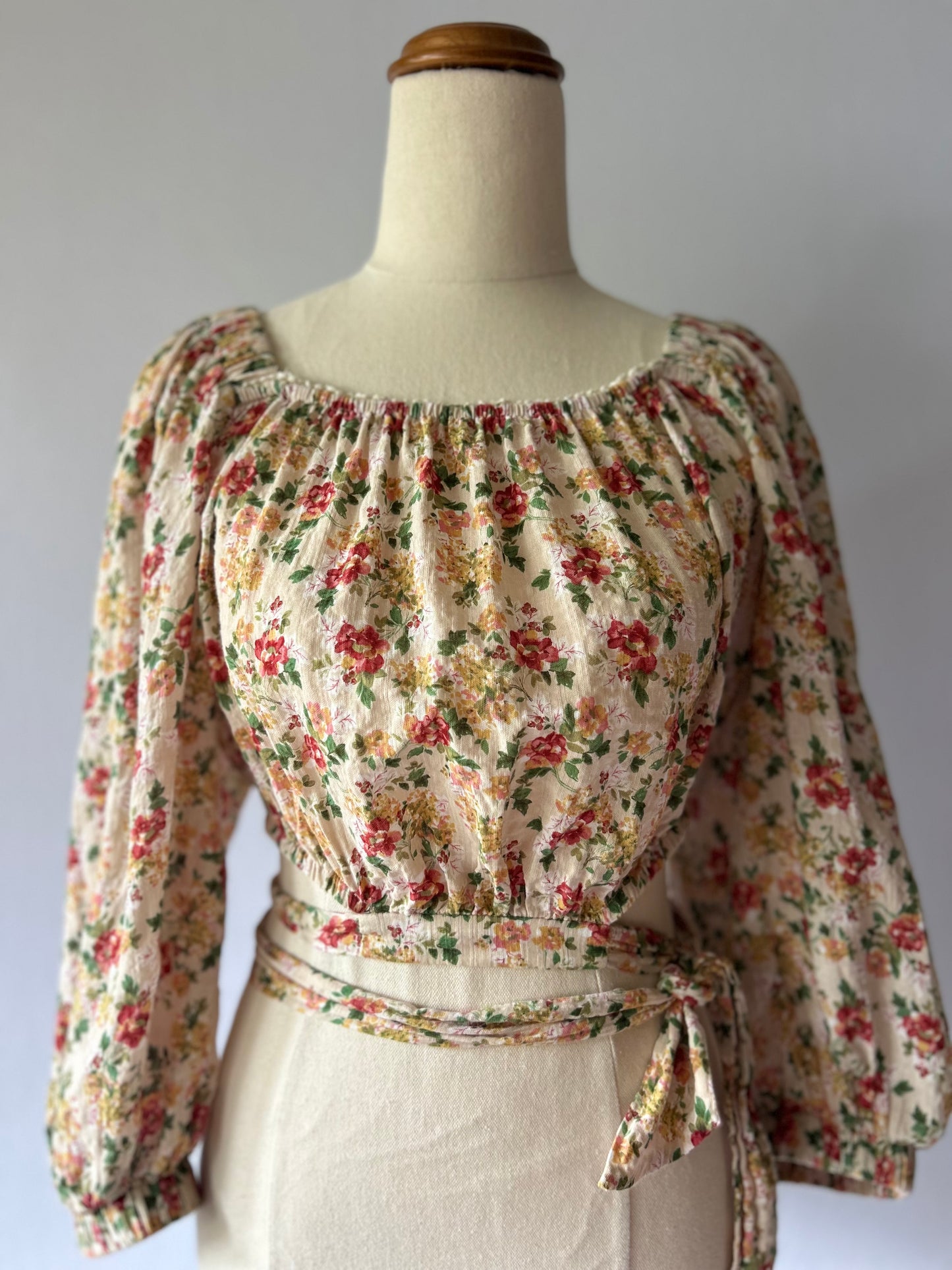 Floral Puff Sleeve Cropped Blouse with Wrap Tie Detail - Size Small