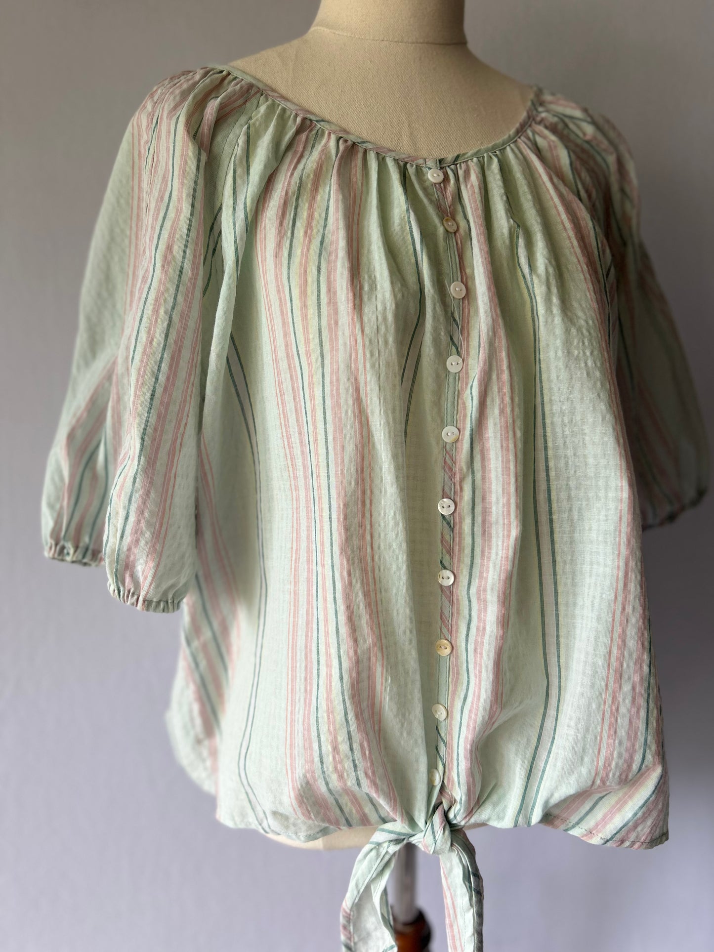 Striped Pastel Button-Up Blouse Size 10 – Cotton Blend