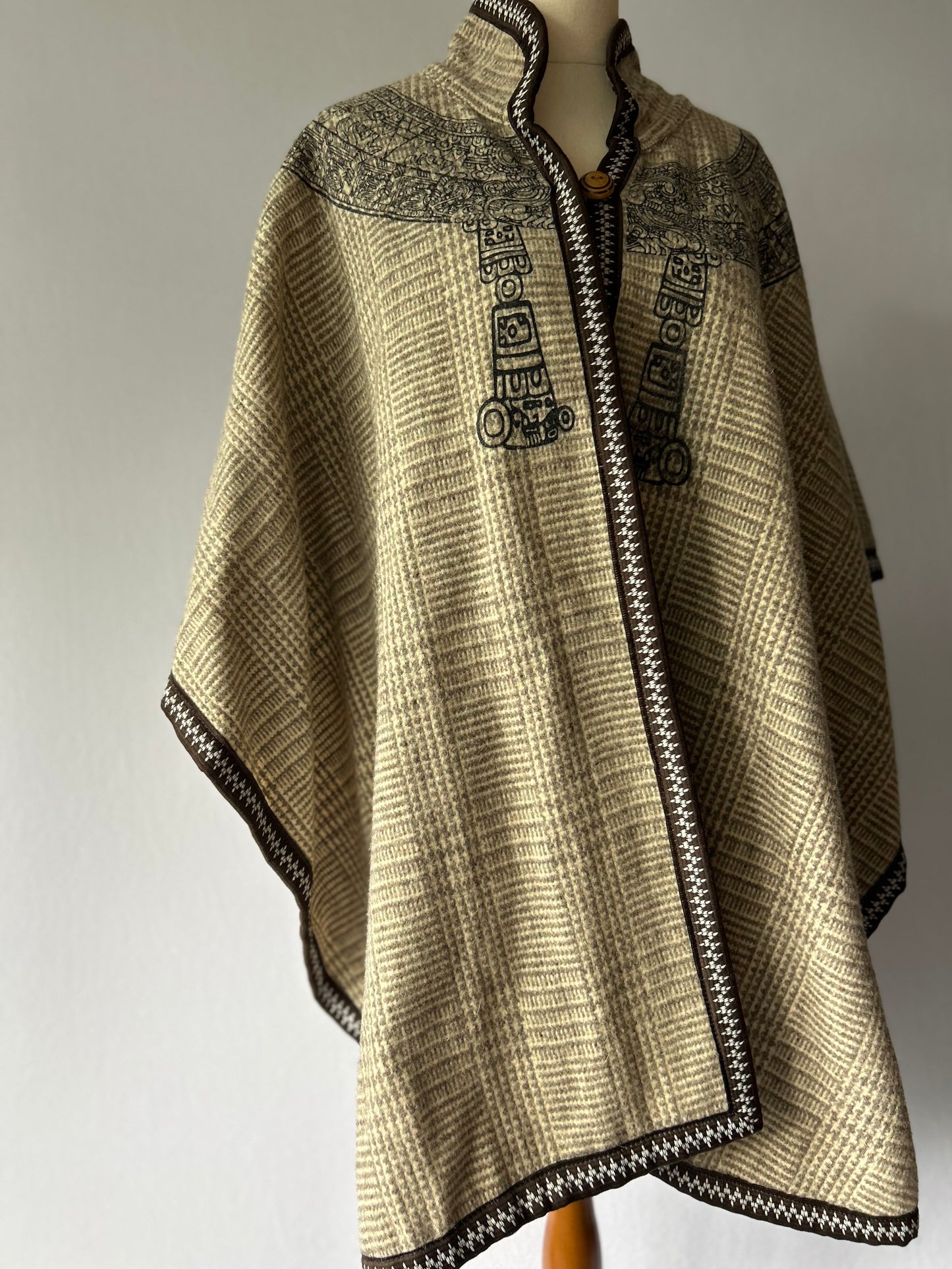 Folk-Art Heritage Knit Cape Poncho - Earthy Oatmeal & Brown - One Size