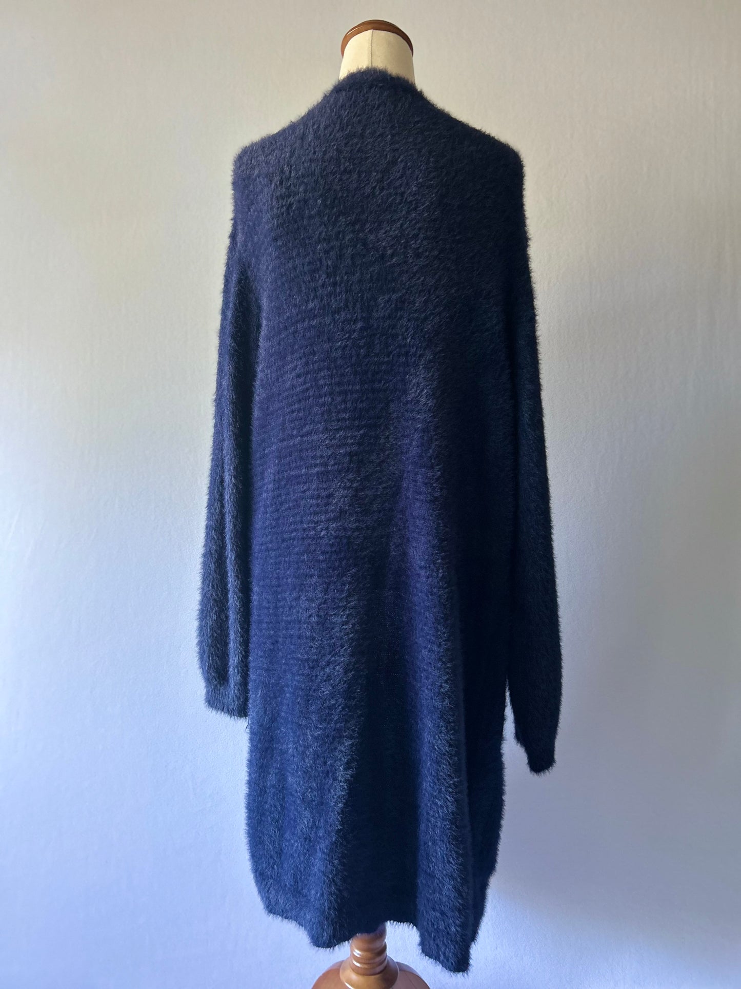 Navy Fluffy Knit Longline Cardigan - Size XL | Soft Textured Open Front Cape