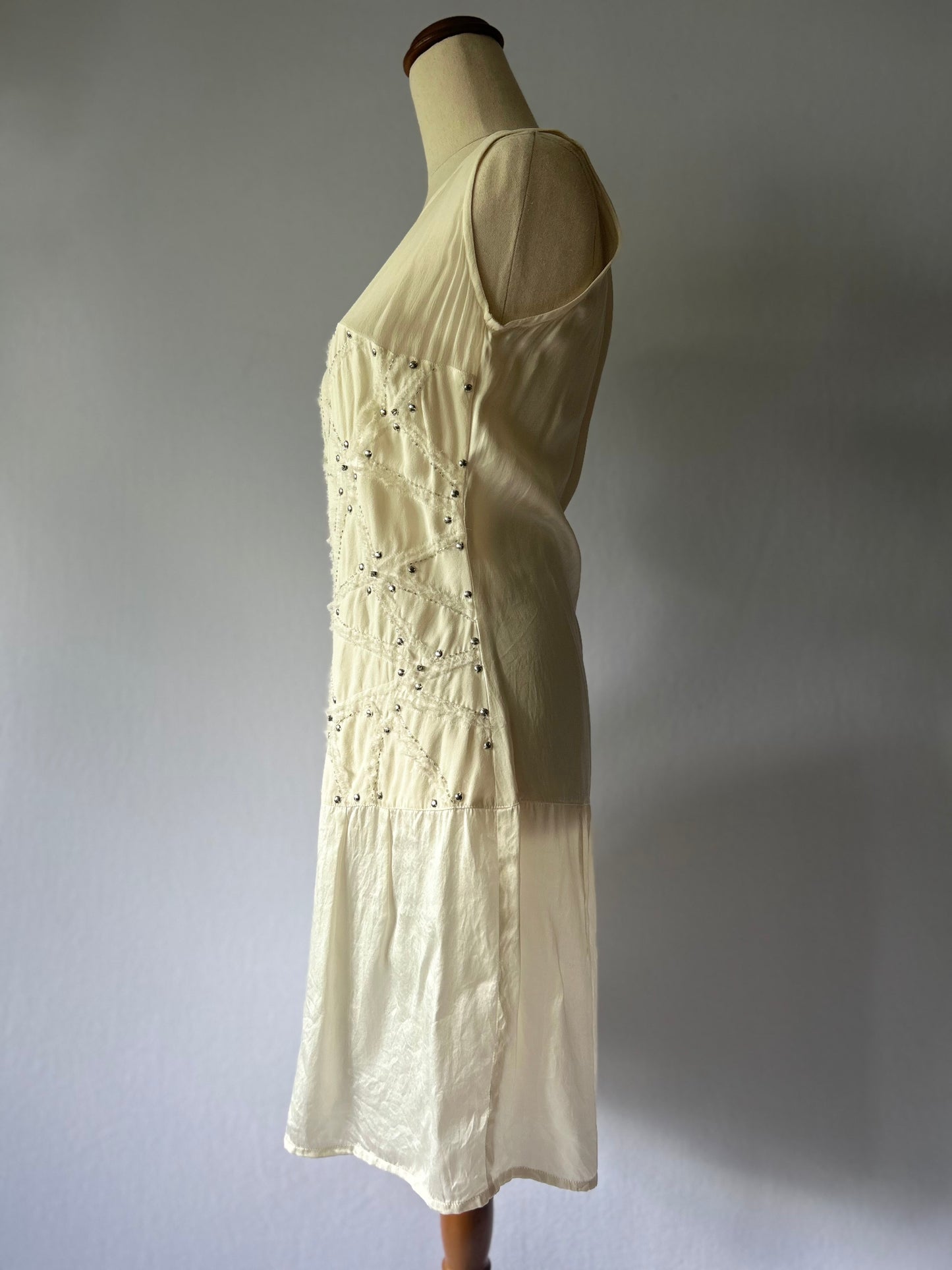Lulu Cream Silk Embellished Drop-Waist Dress - Size M
