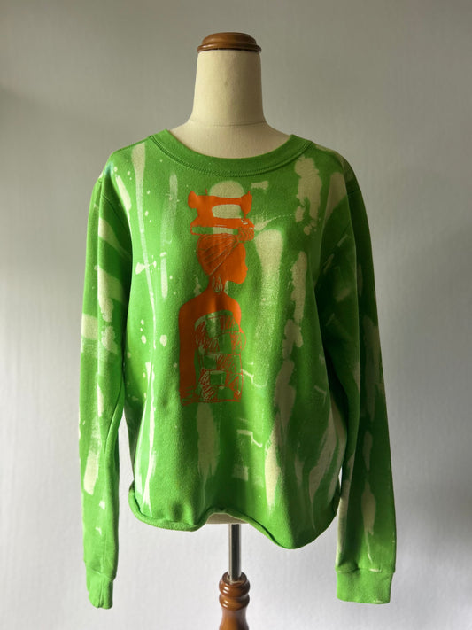 Custom Bleached Graphic Crewneck Sweatshirt - Apple Green & Orange - Size Medium
