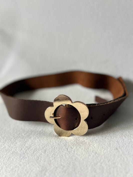 RUBY Genuine Leather Belt with Gold Flower Buckle - 86cm