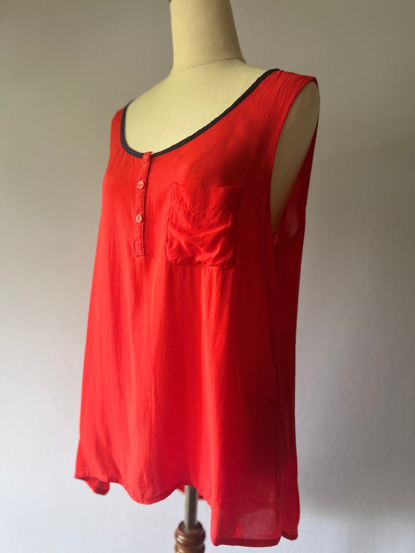 Sleeveless Viscose Henley Top - Bright Coral Red - Size 12