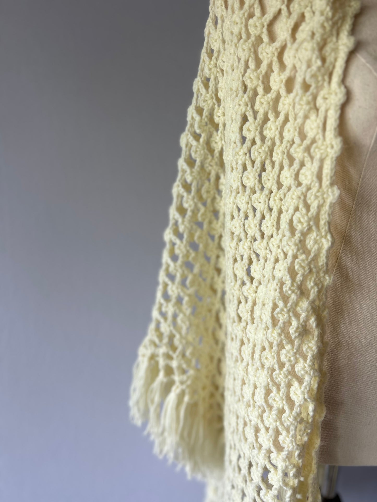 Vintage Hand-Crocheted Cream/Pale Yellow Fringe Wrap Shawl