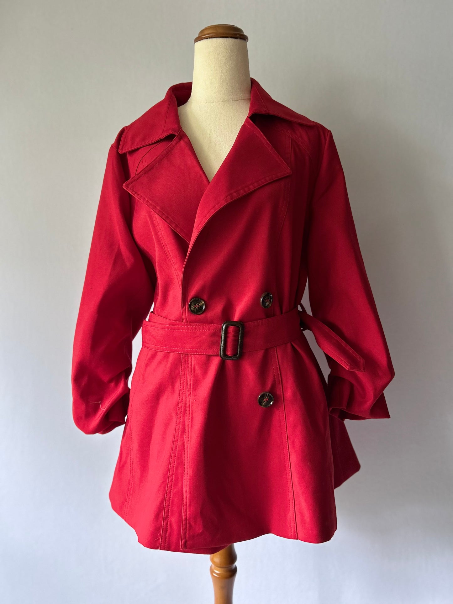 Crimson Red Double-Breasted Belted Trench Coat – Size XL
