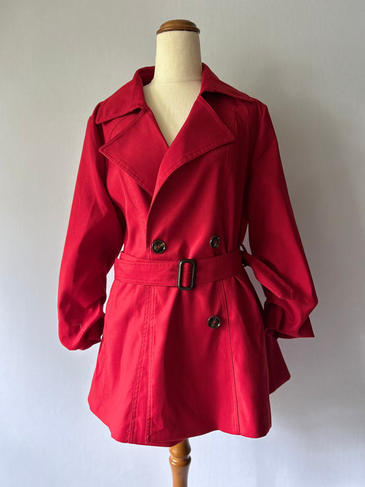 Crimson Red Double-Breasted Belted Trench Coat – Size XL