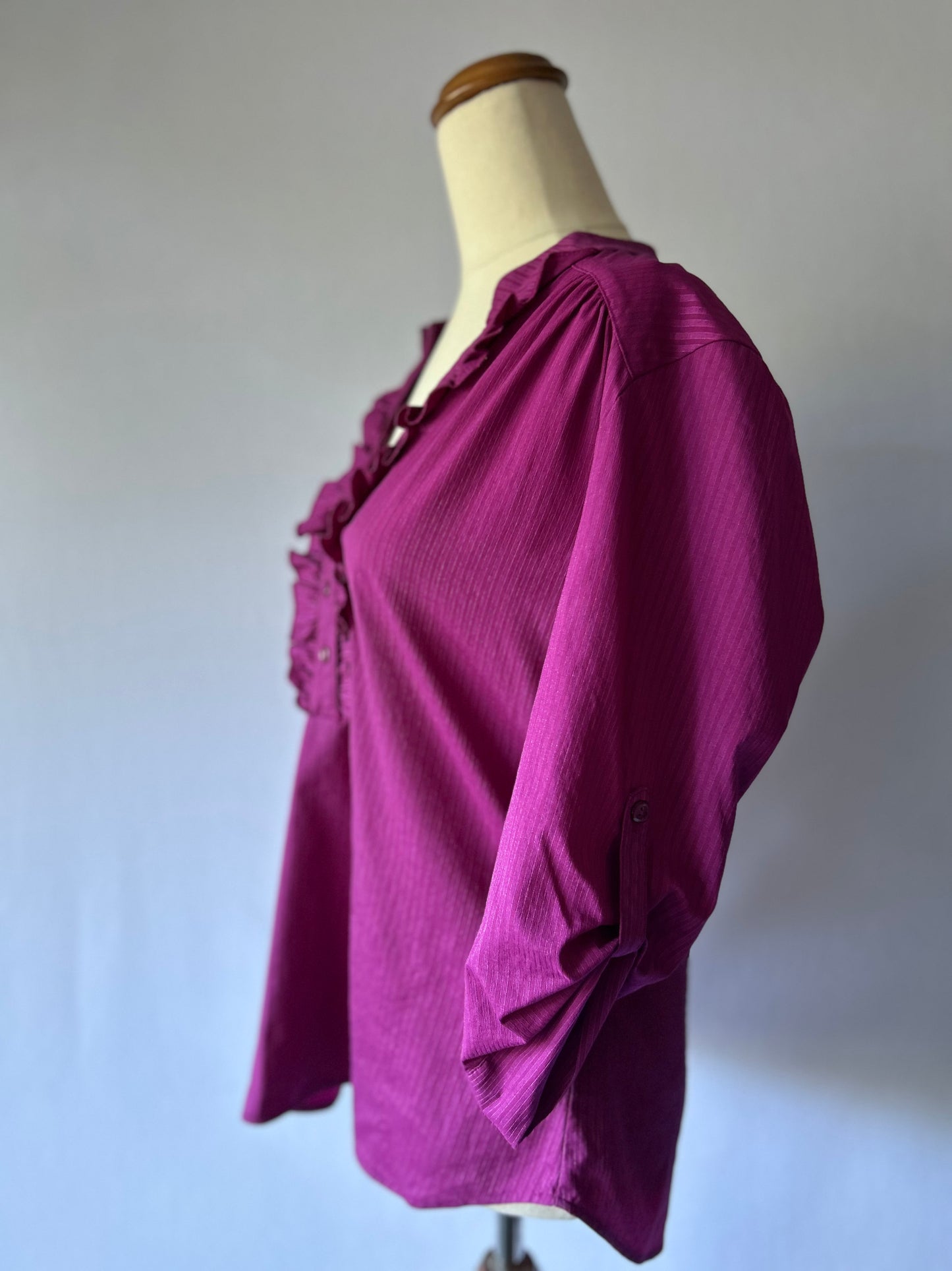 Ultra Violet Ruffle Blouse – Size 10 (Nylon Blend)