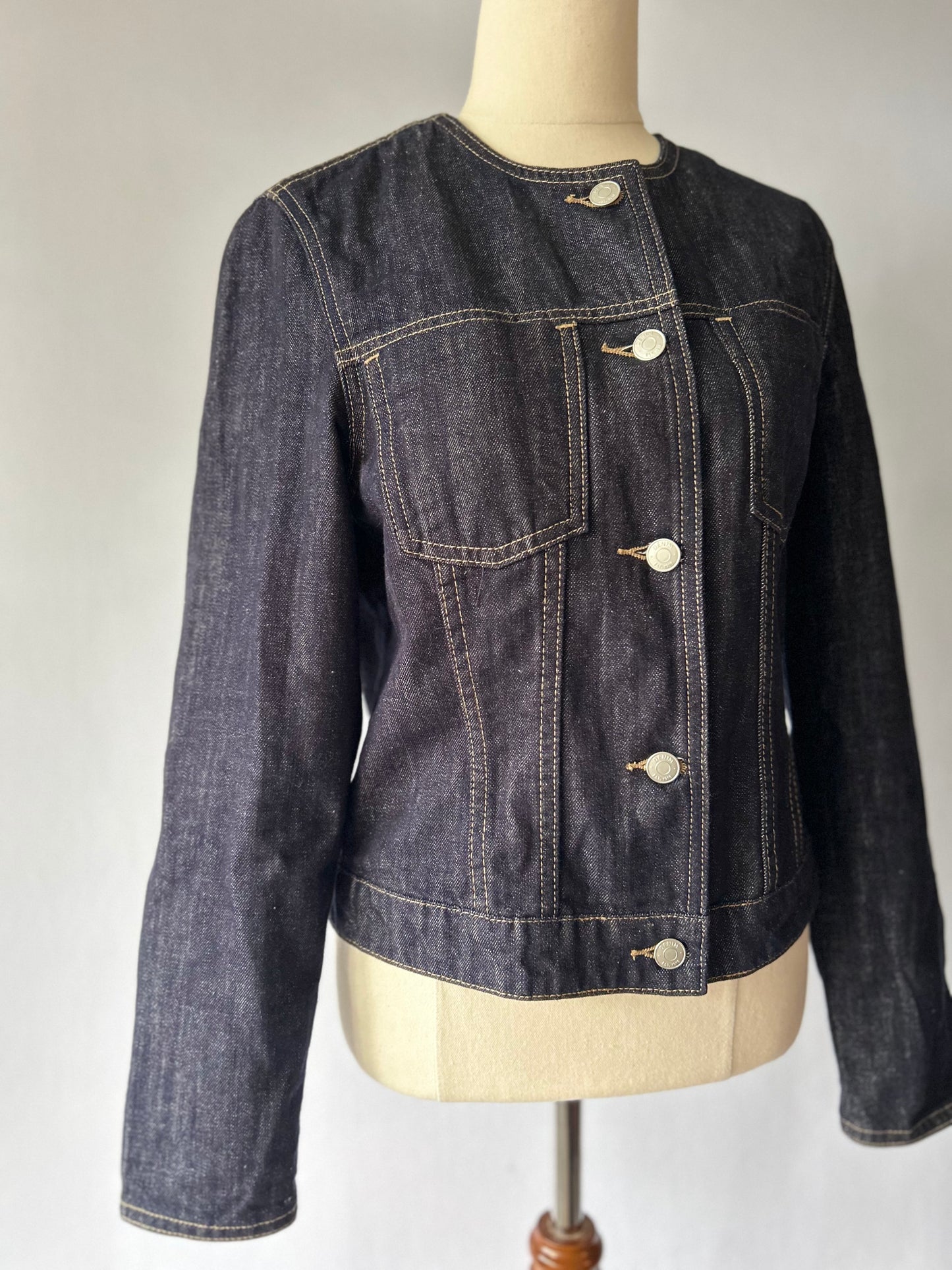 Minimalist Collarless Indigo Denim Jacket - Size S