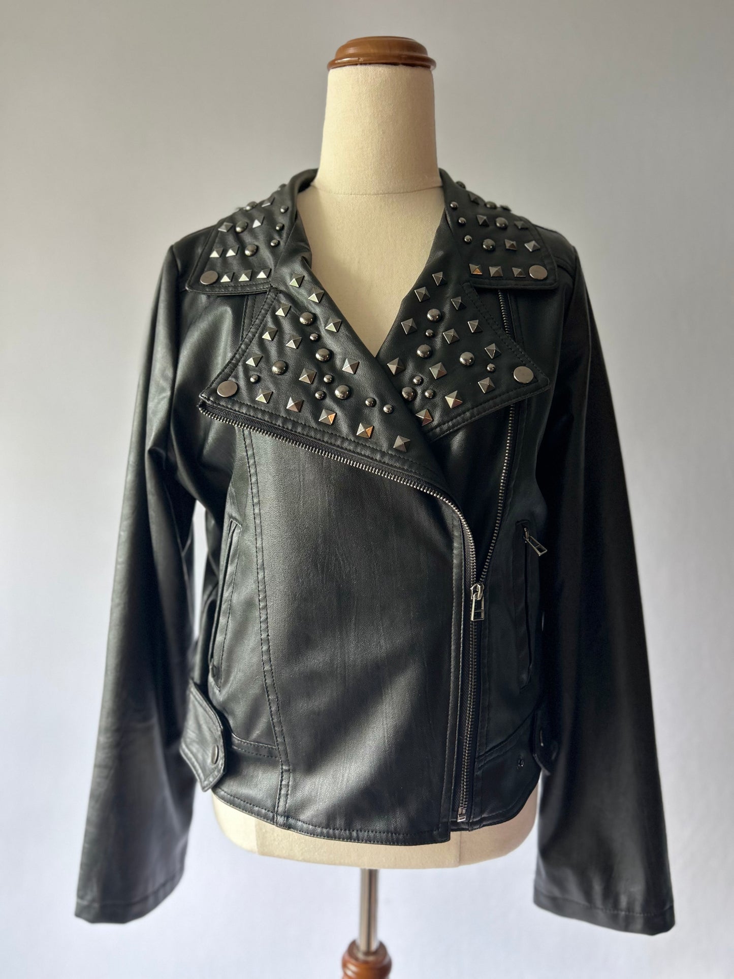 Studded Faux Leather Biker Jacket - Black - Size 12
