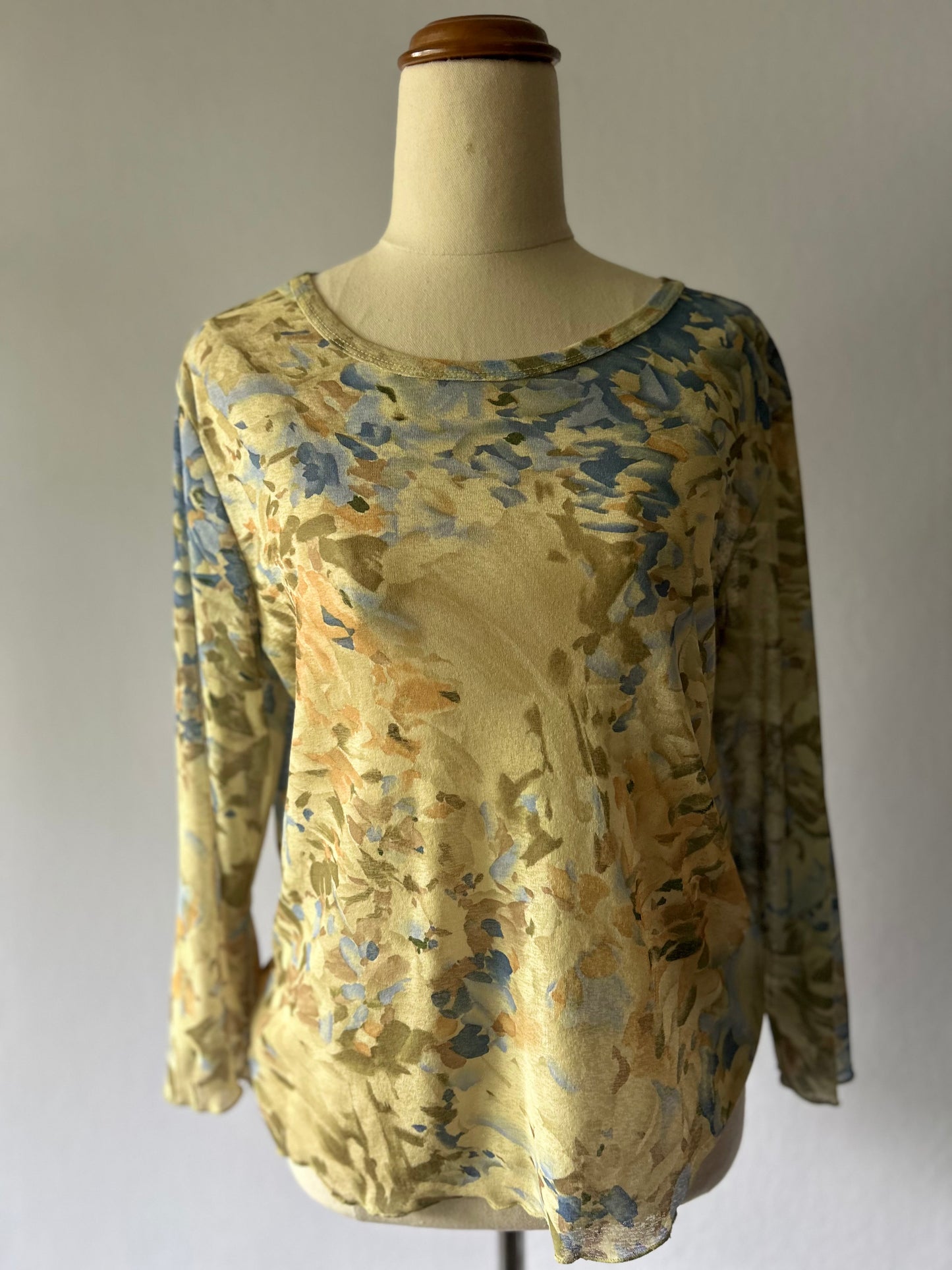 Abstract Watercolor Sheer Mesh Long-Sleeve Top - Size M