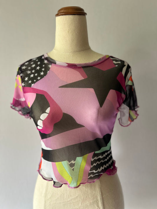 Graphic Print Mesh Crop Top – Size XS