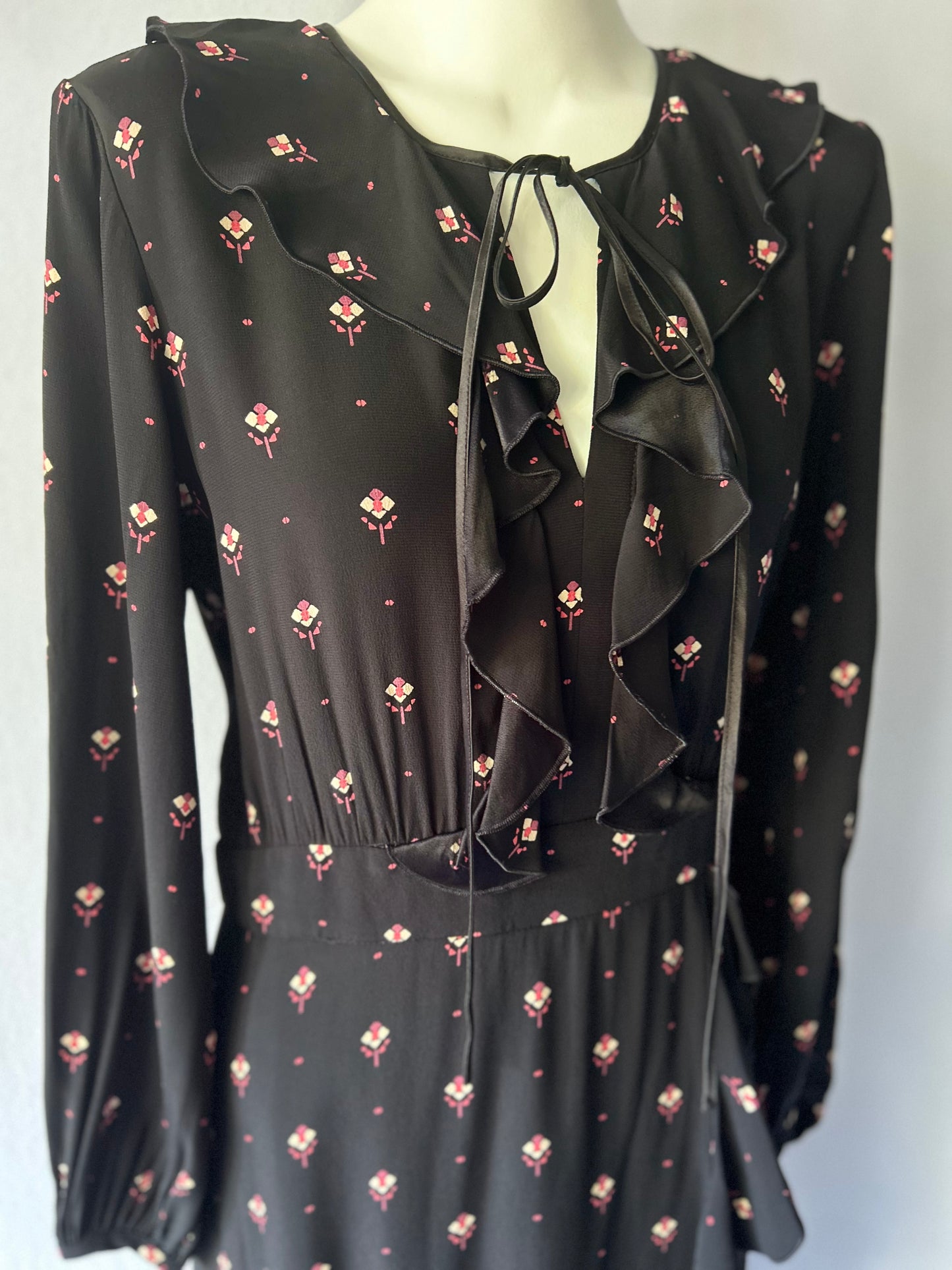 Cue Black Floral Ruffle Midi Dress - Size 10