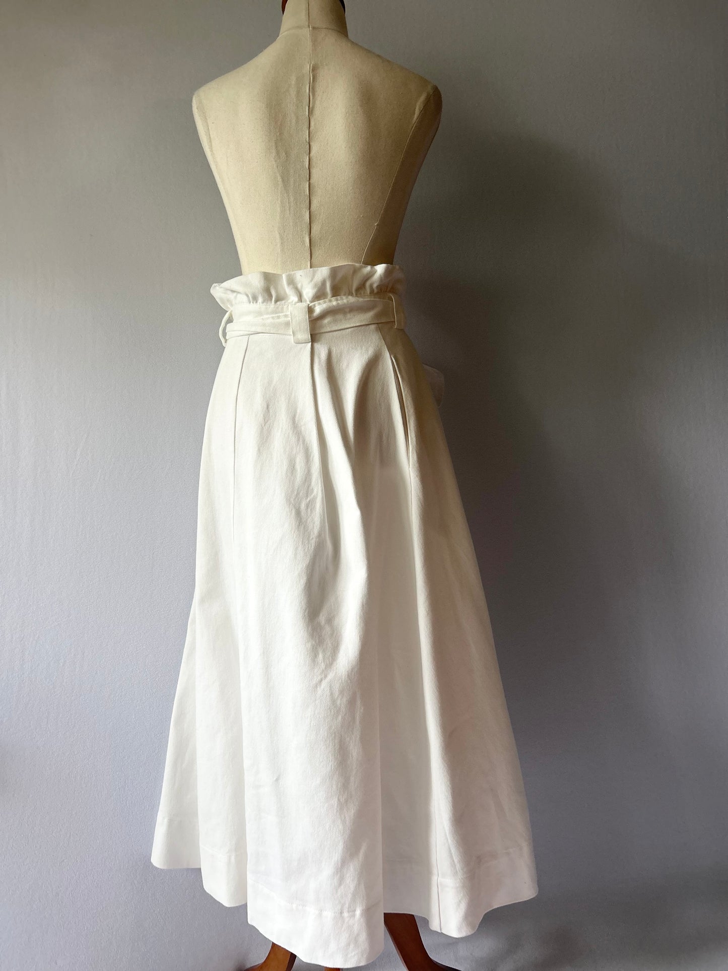 Cotton Paperbag High-Waisted Midi Skirt with Belt - White - Size 8