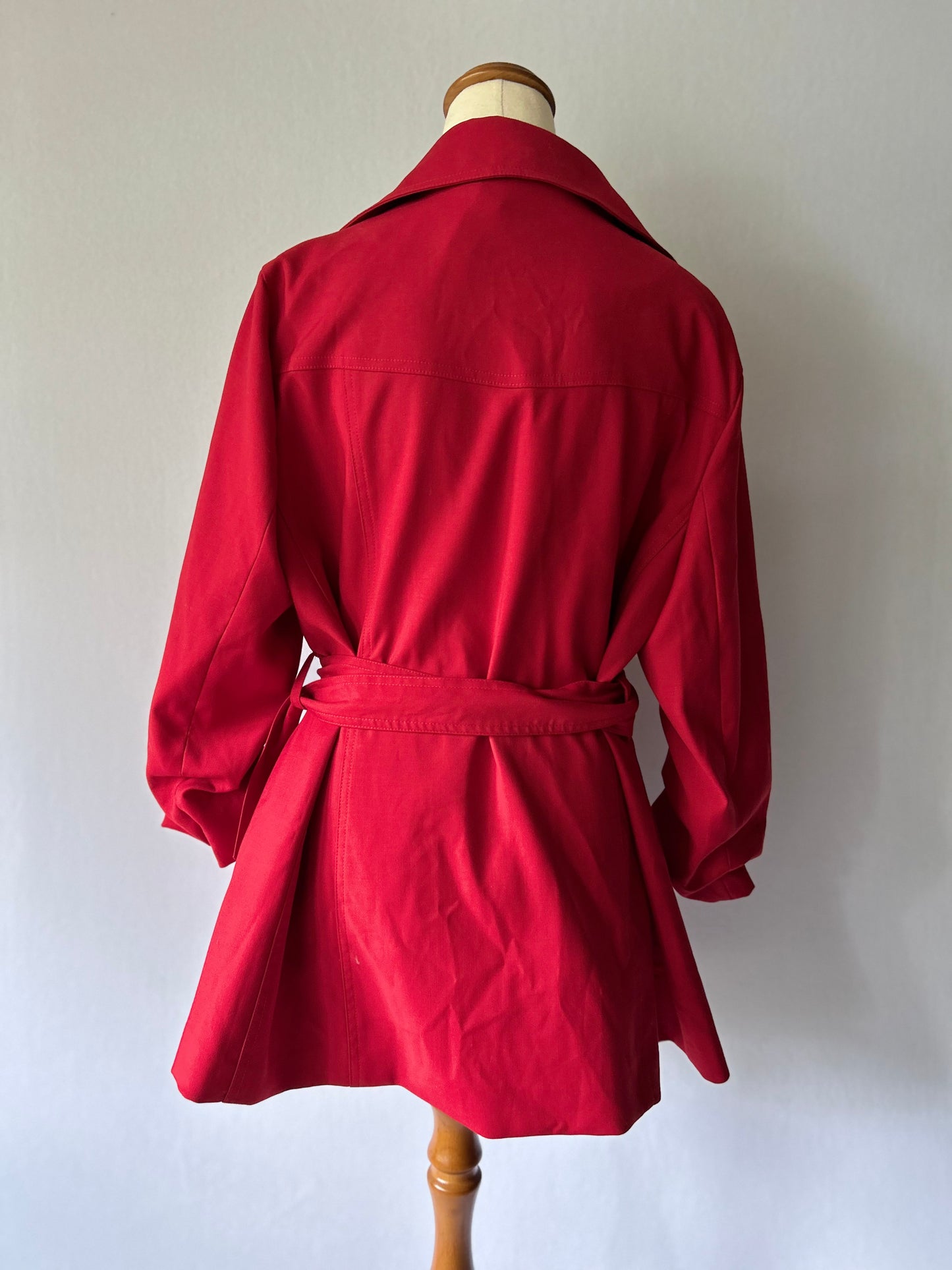 Crimson Red Double-Breasted Belted Trench Coat – Size XL