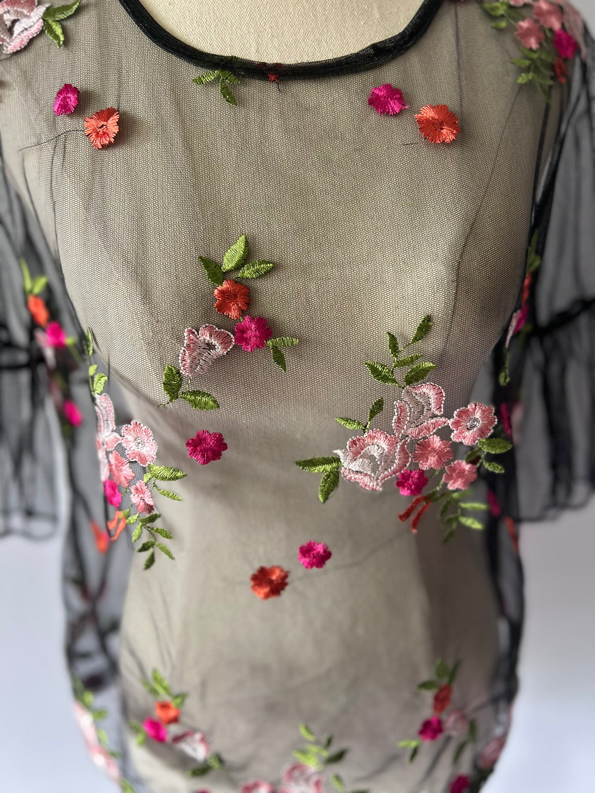 Black Floral Embroidered Mesh Top – Size S/M