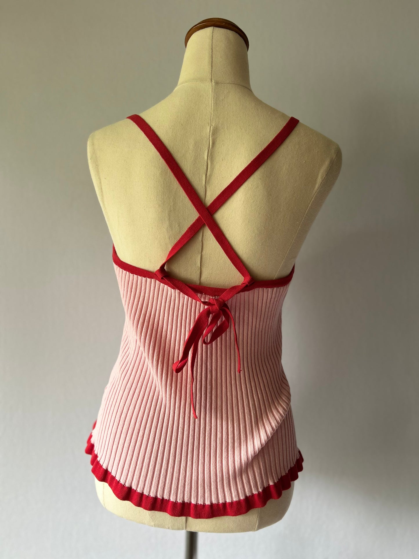 Ruby Pink Ribbed Knit Cami Tank Top with Red Contrast Trim - Size 12